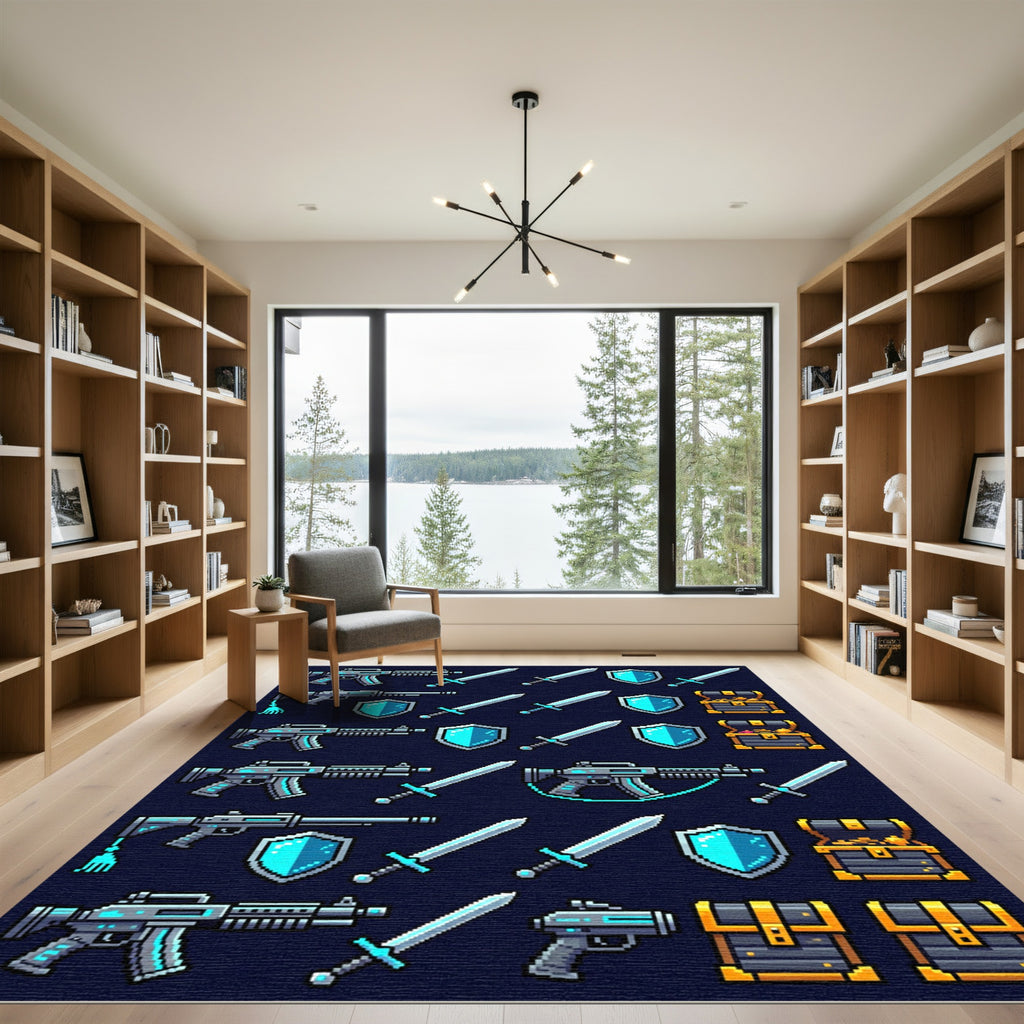 Neon Pixelated Fantasy Armory Game Grid Rug