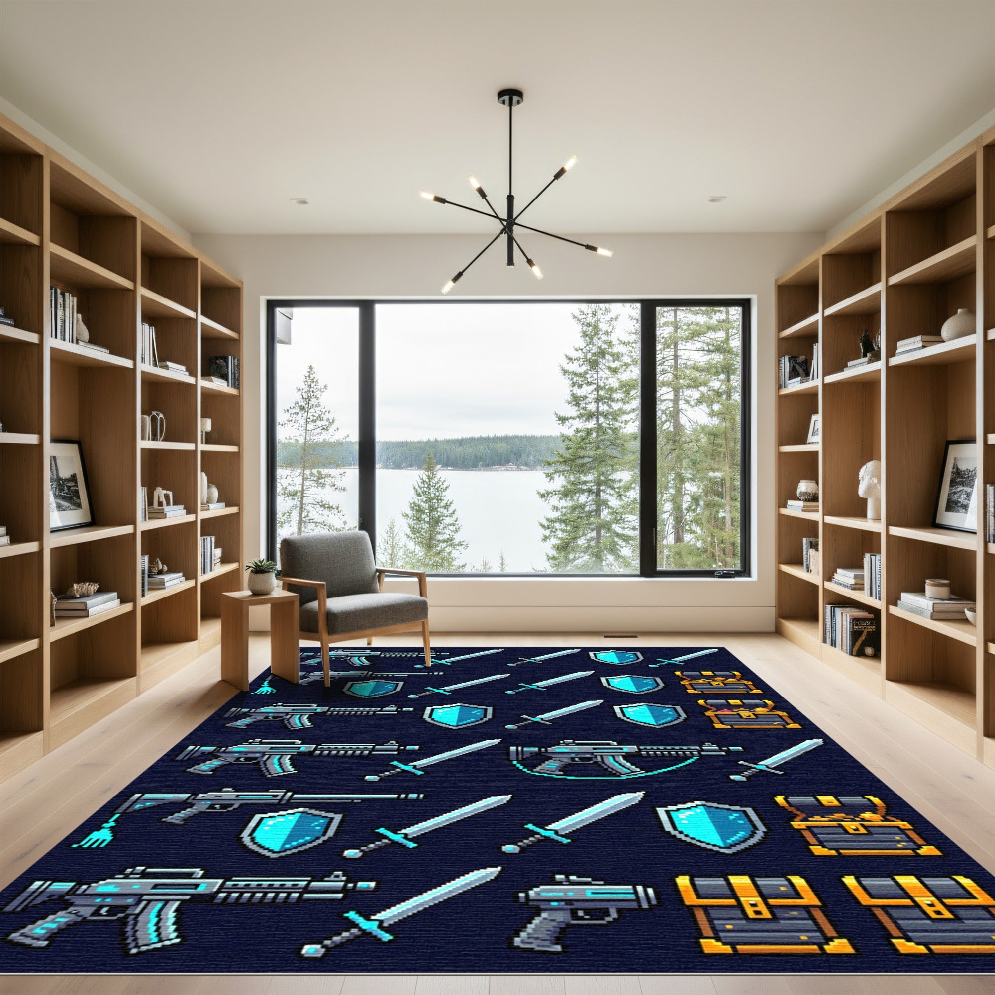 Neon Pixelated Fantasy Armory Game Grid Rug