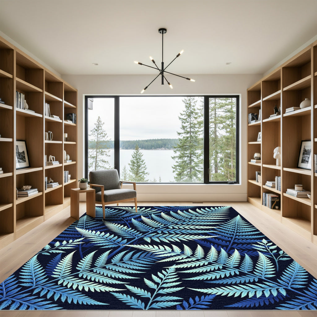Deep Blue Fern Leaf Collage Rug