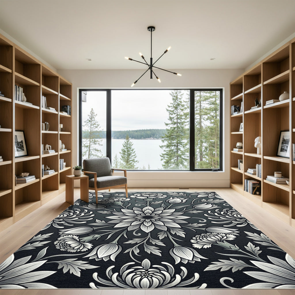 Monochromatic Floral Symmetry Botanical Rug