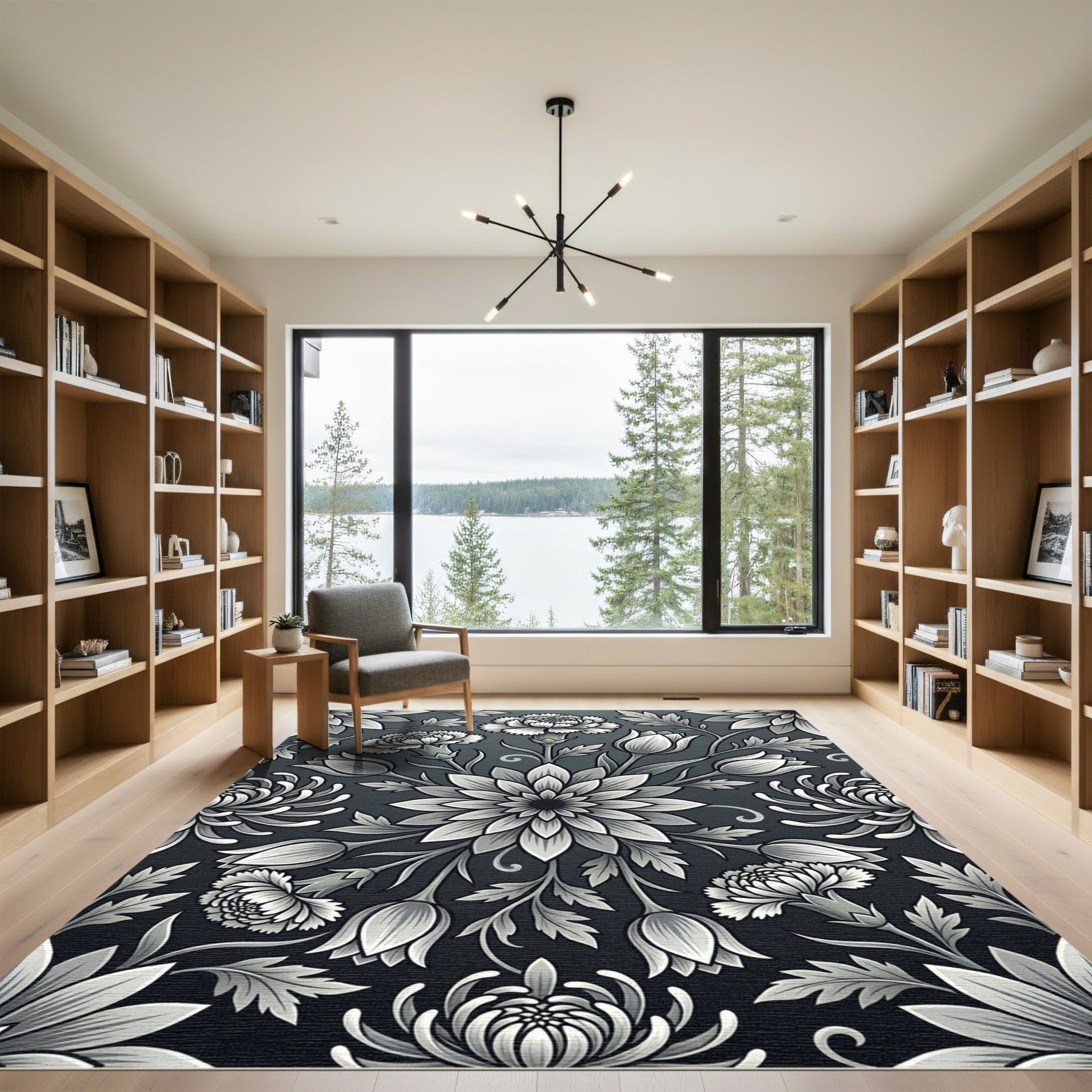 Monochromatic Floral Symmetry Botanical Rug