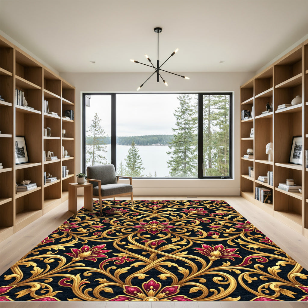 Royal Crimson Gold Floral Vine Rug