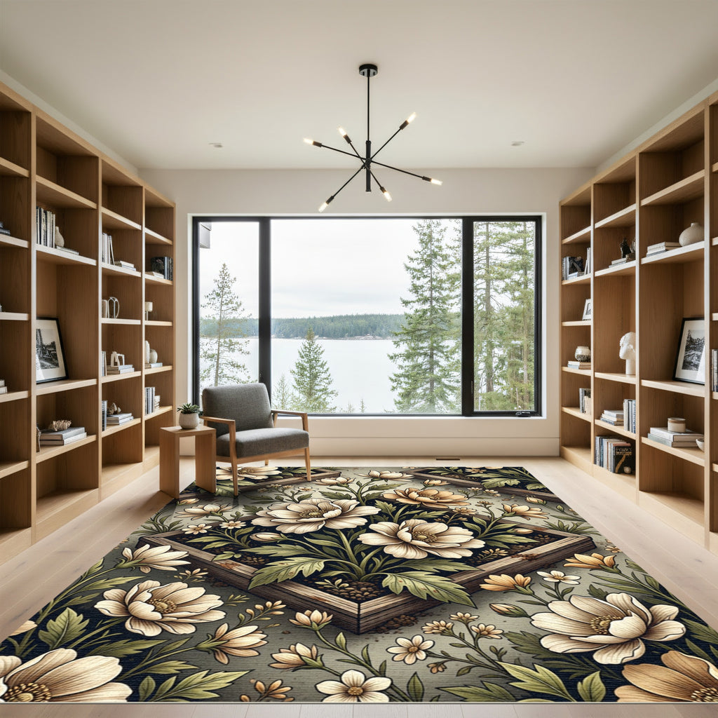 Elegant Cream Floral Frame Botanical Rug