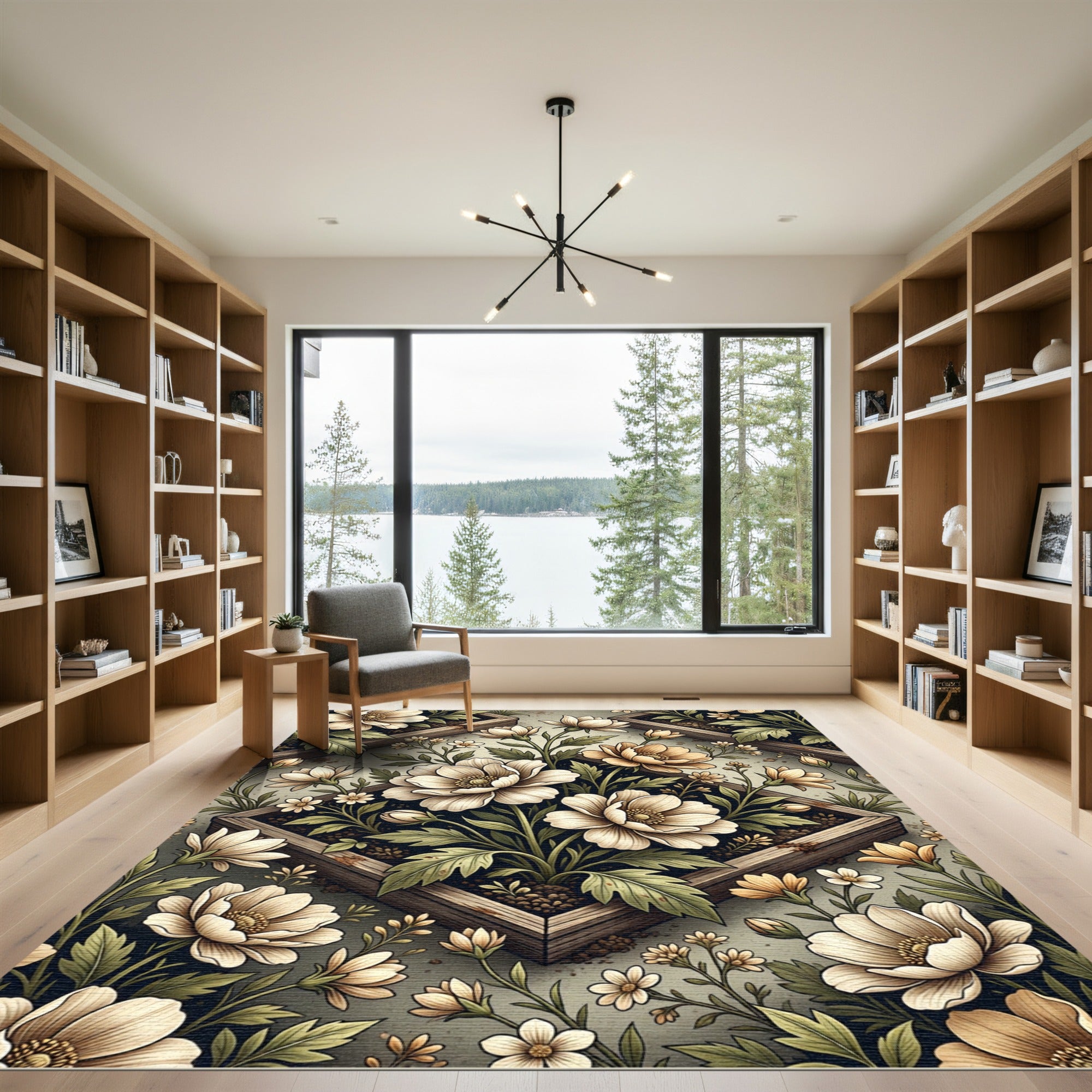 Elegant Cream Floral Frame Botanical Rug