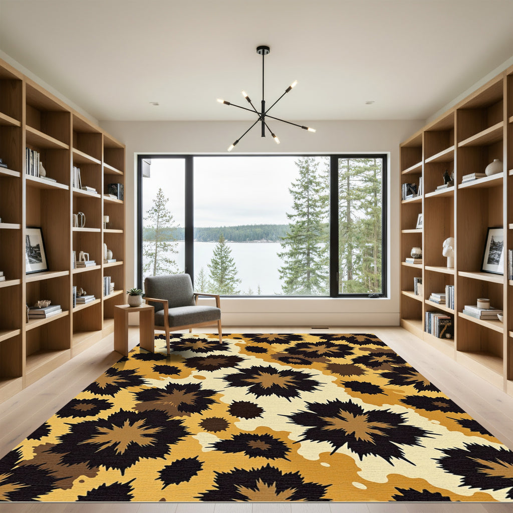 Golden Brown Spiky Floral Camo Rug