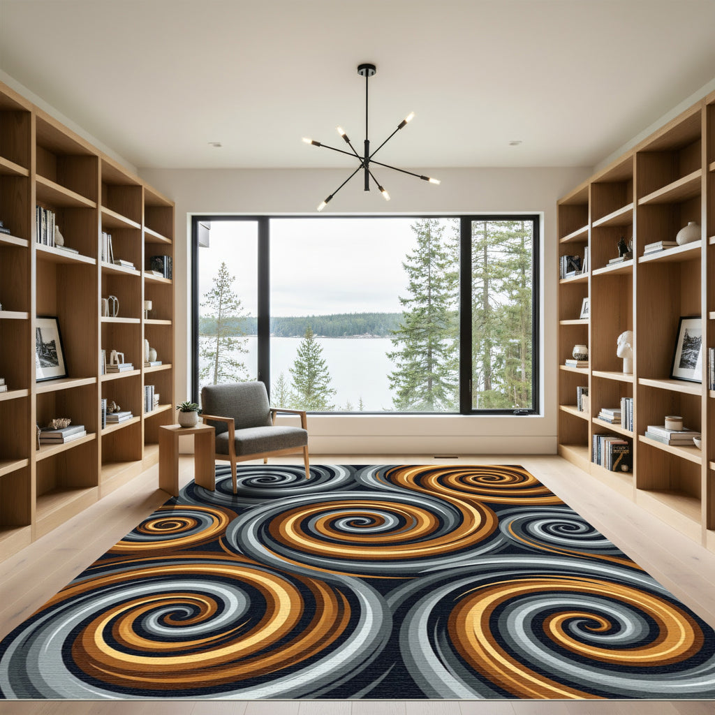 Modern Golden Gray Swirl Abstract Art Rug