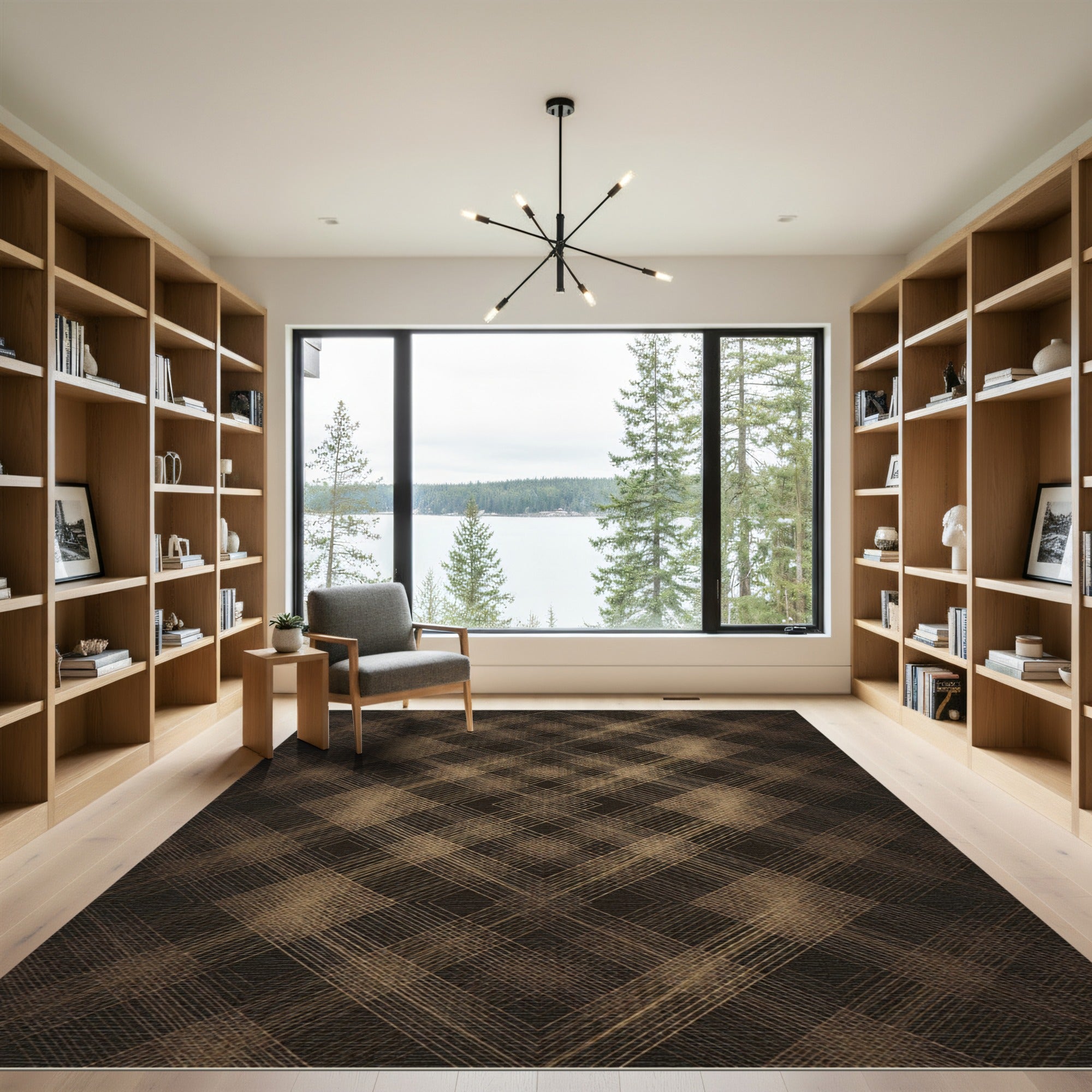 Elegant Bronze Geometric Crosshatch Grid Rug