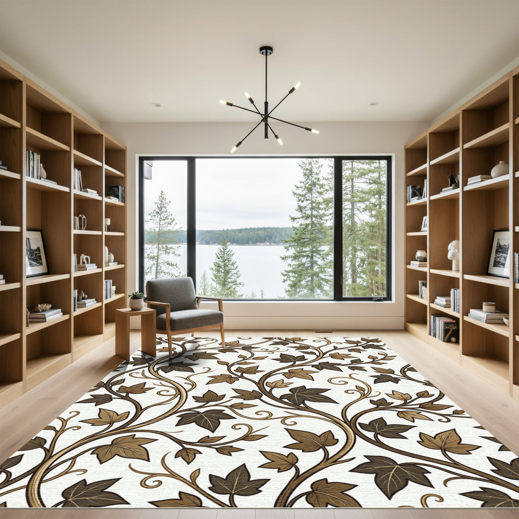 Earthy Brown Vine Leaf Scroll Rug