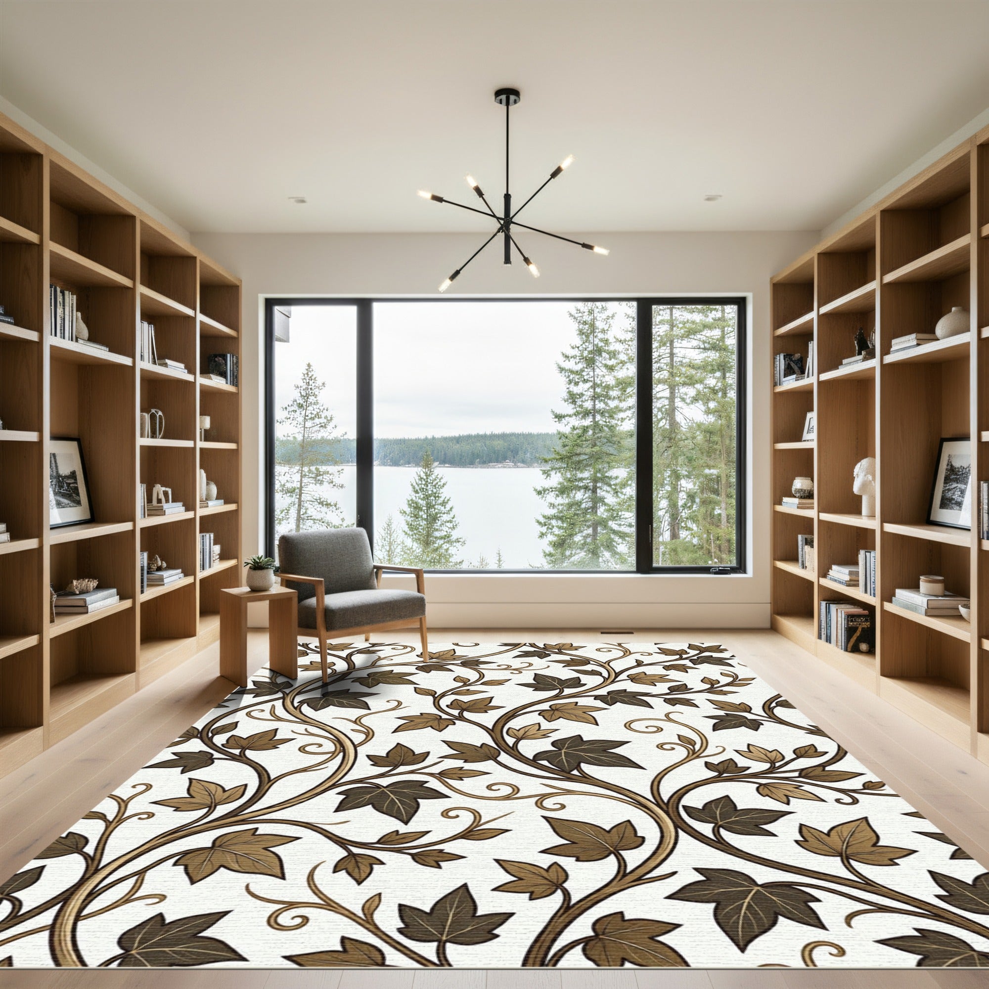 Earthy Brown Vine Leaf Scroll Rug