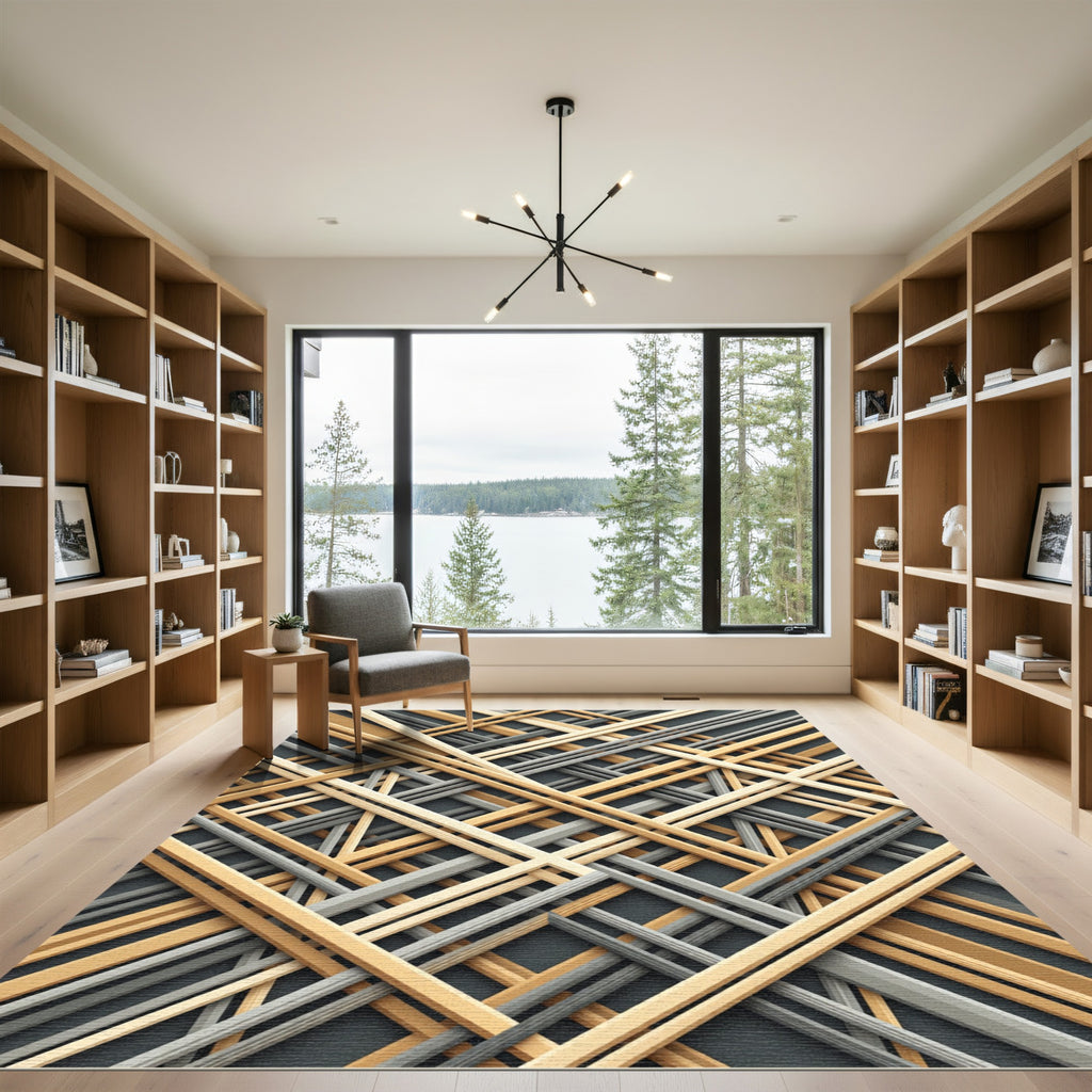 Modern Golden Gray Linear Grid Rug