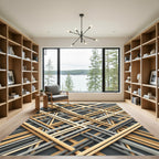 Modern Golden Gray Linear Grid Rug