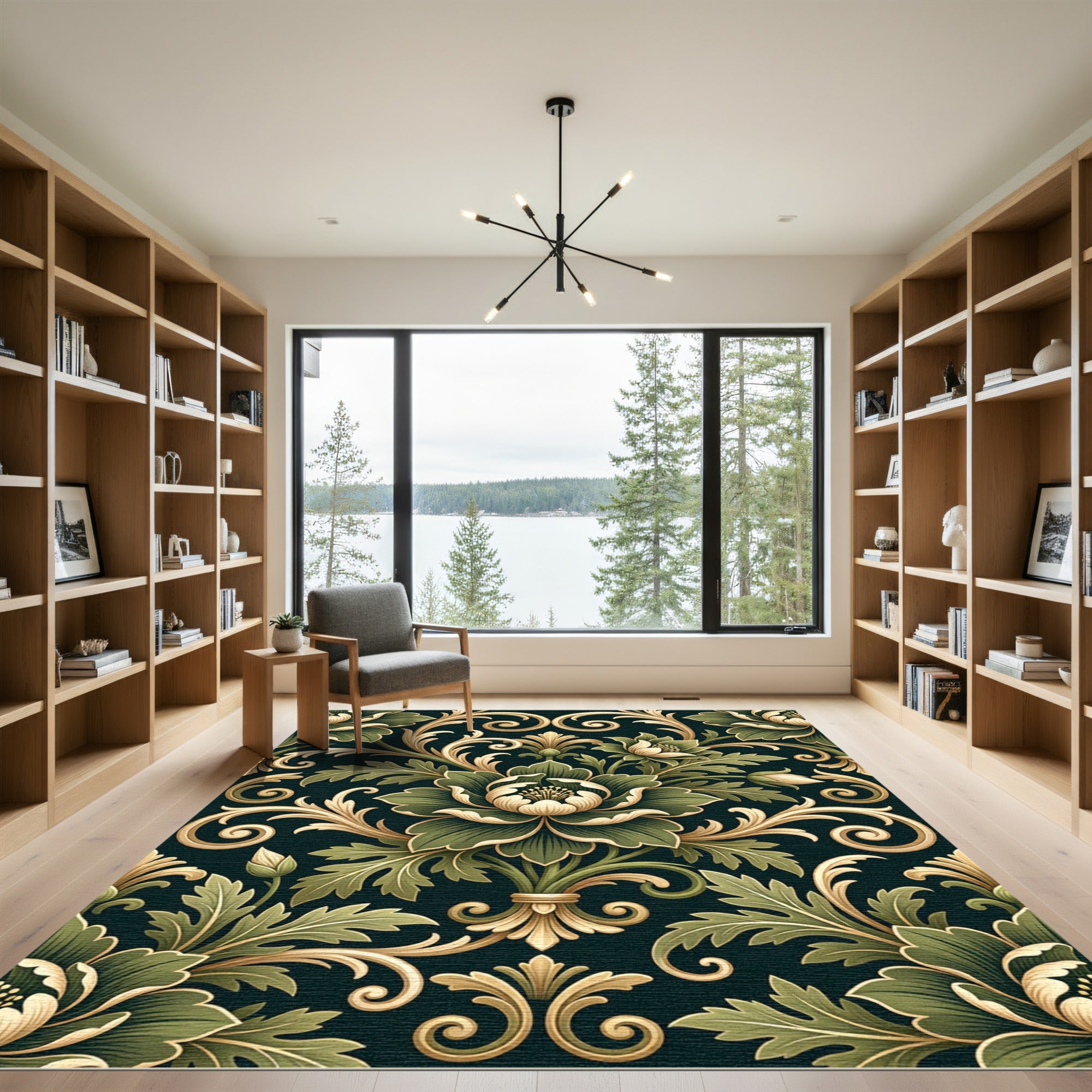 Golden Damask Floral Sage Botanical Rug