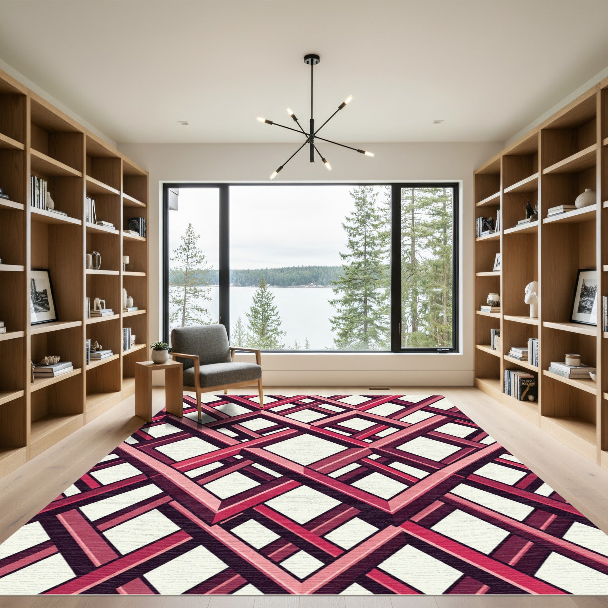 Crimson Geometric Interwoven Lattice Rug