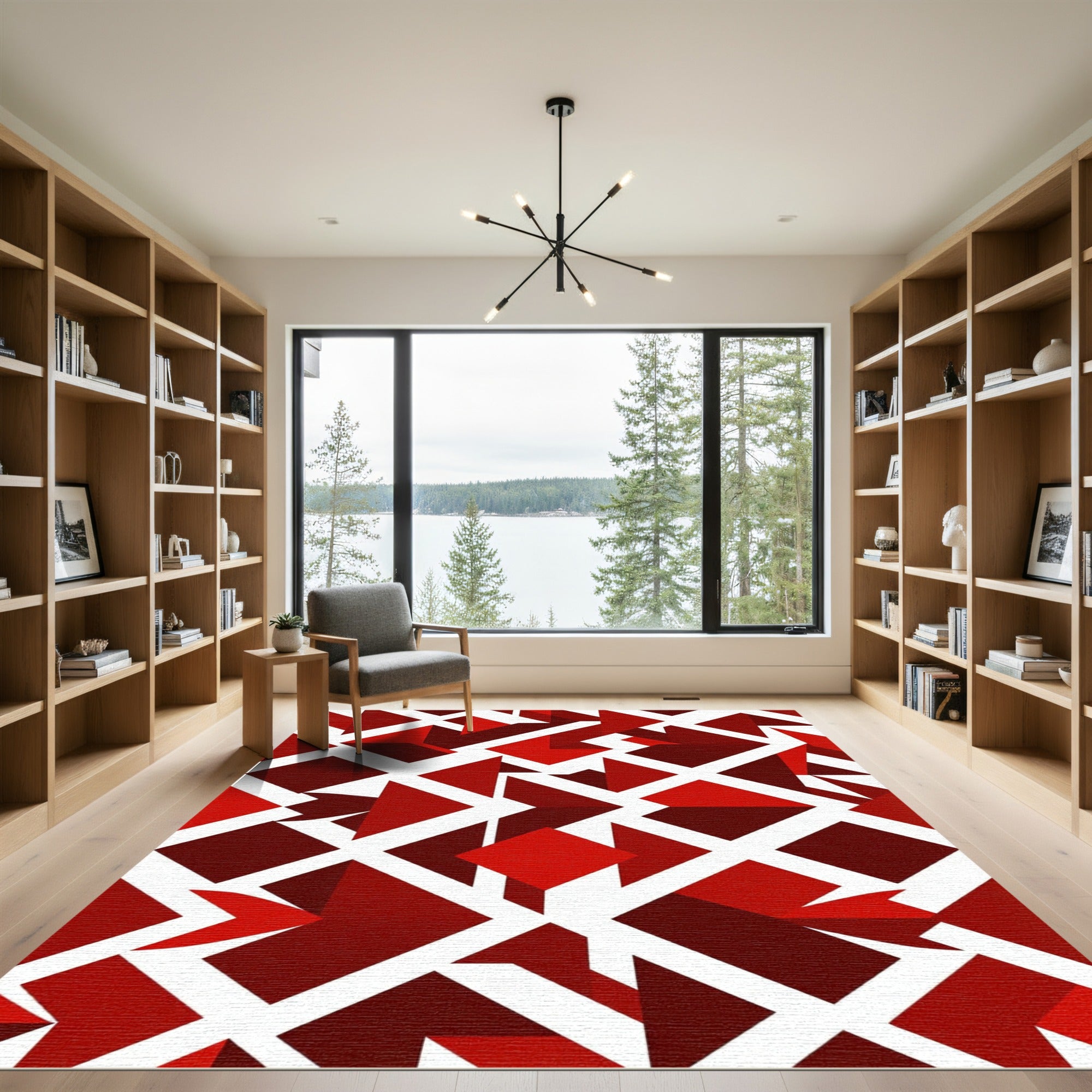 Crimson Red Geometric Interlocking Shapes Rug