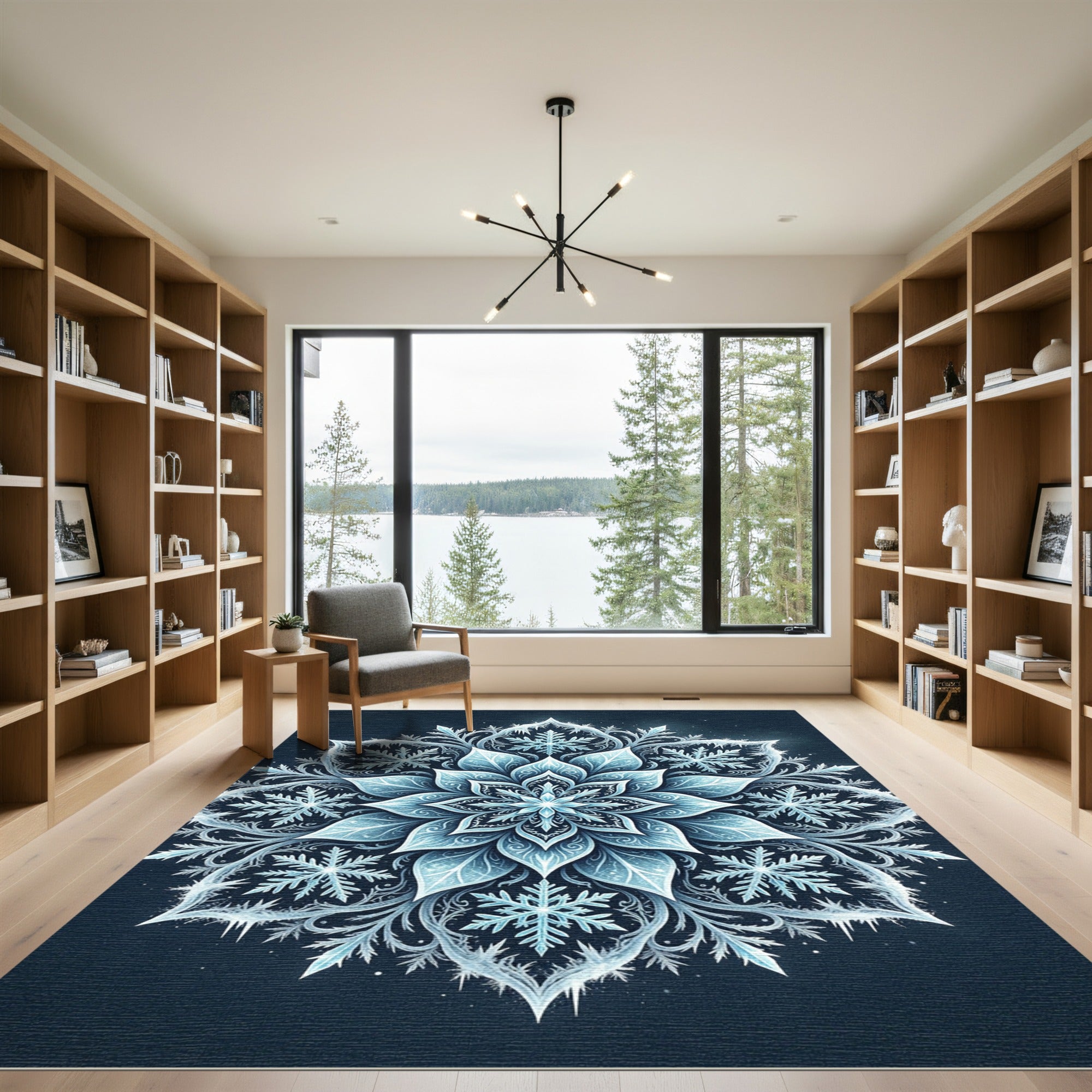 Icy Blue Frost Snowflake Mandala Rug