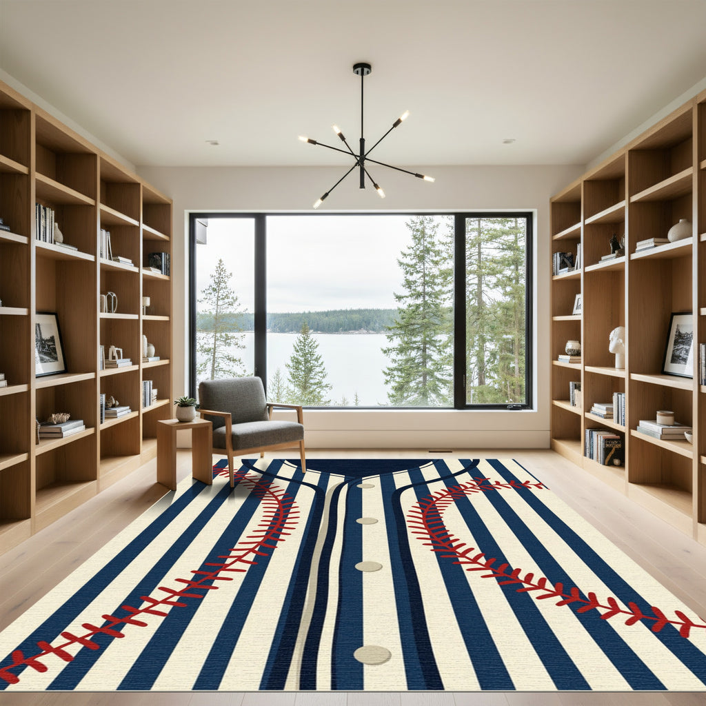 Stitched Navy and Cream Baseball Stripe Rug