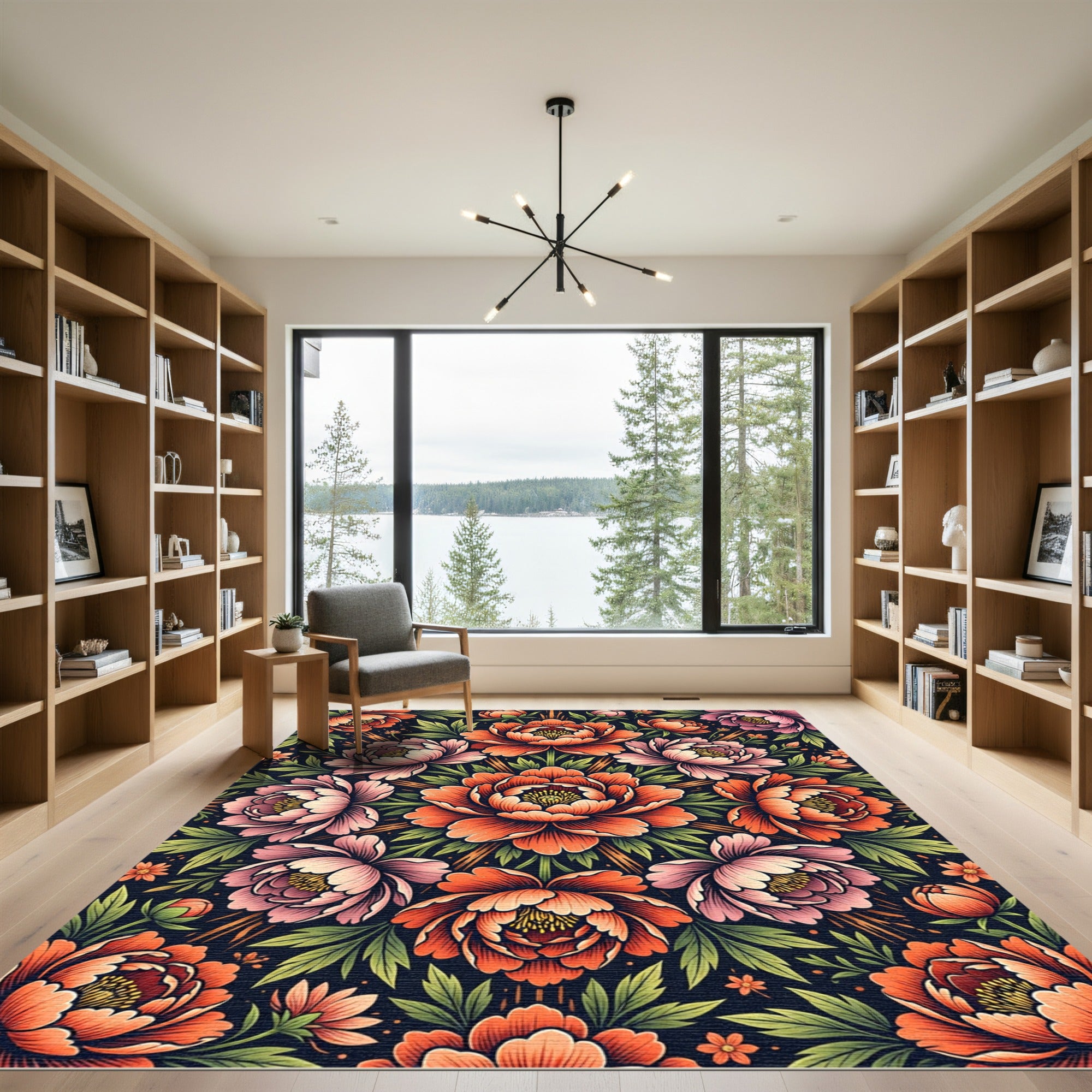 Vibrant Orange Peony Mandala Floral Rug