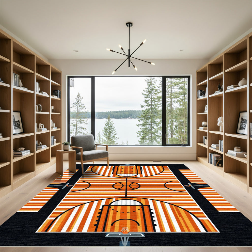 Abstract Tangerine Basketball Court Striped Art Rug