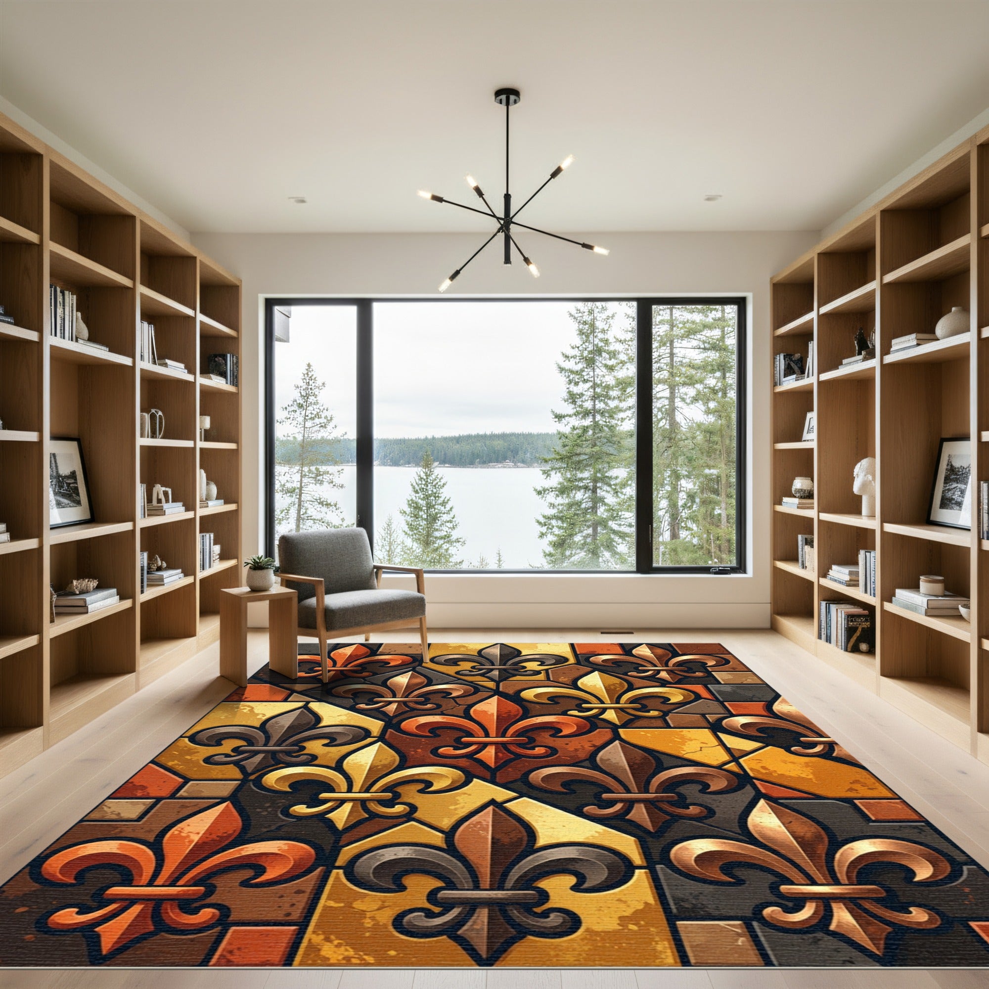 Golden Fleur-de-lis Earth Tone Mosaic Rug