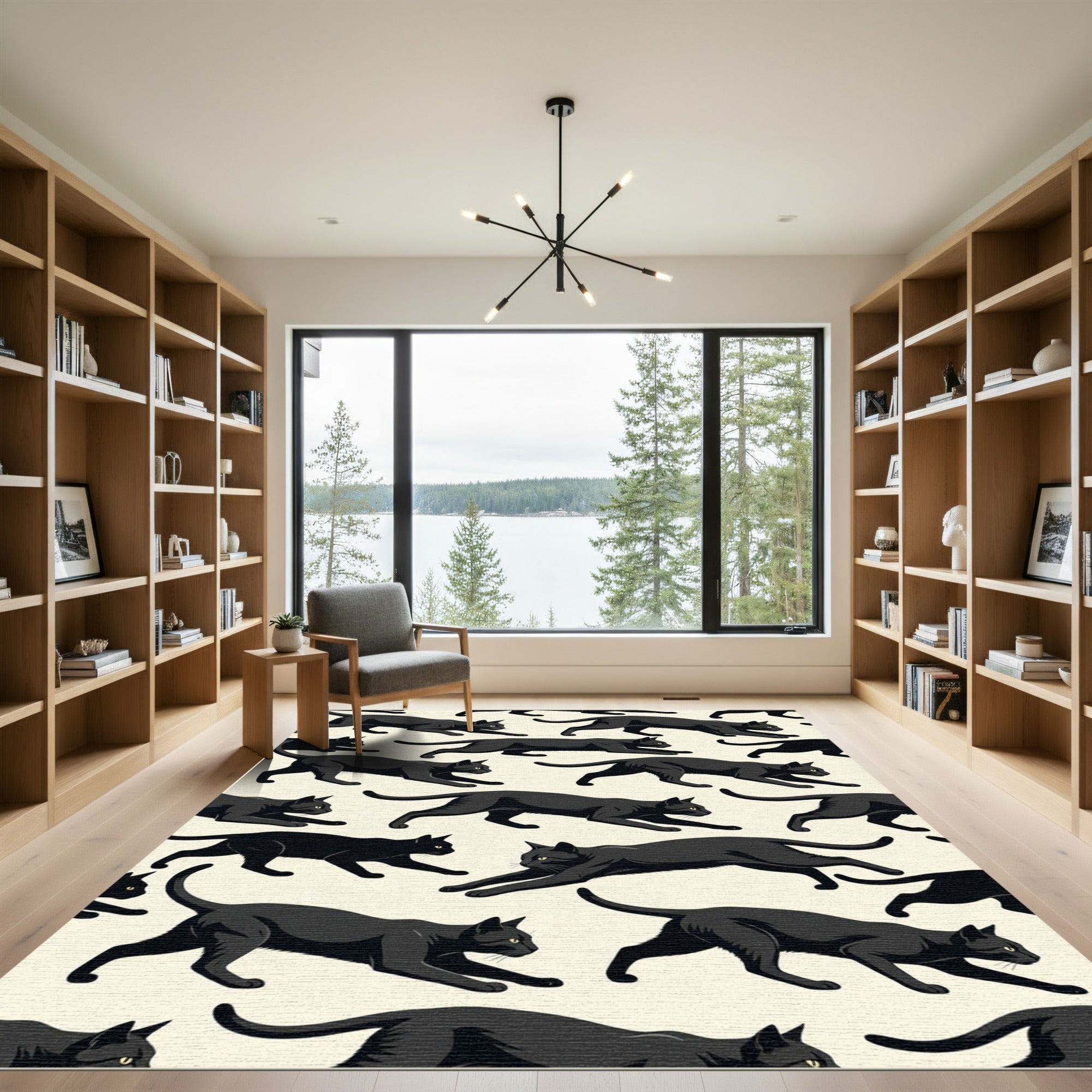 Sleek Black Cat Silhouette Wallpaper Rug