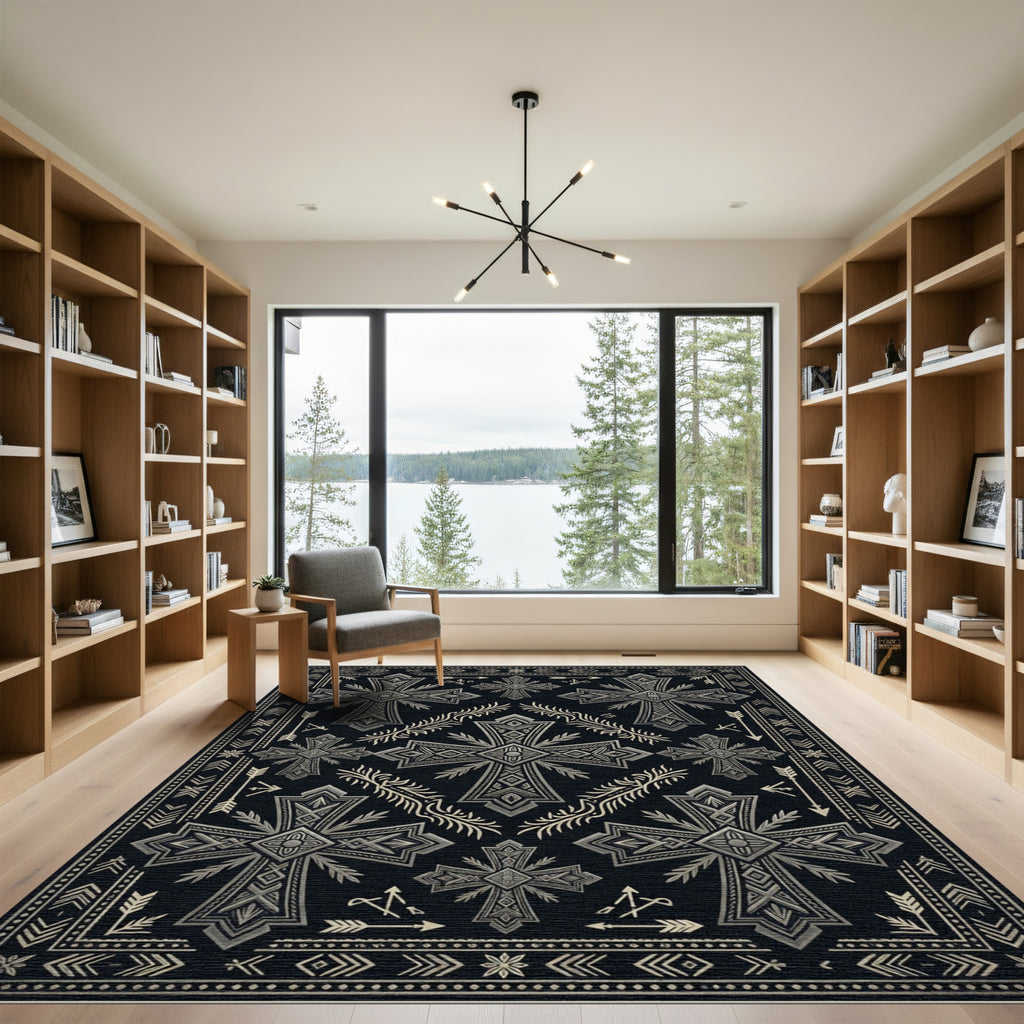 Ornate Black Silver Geometric Cross Rug