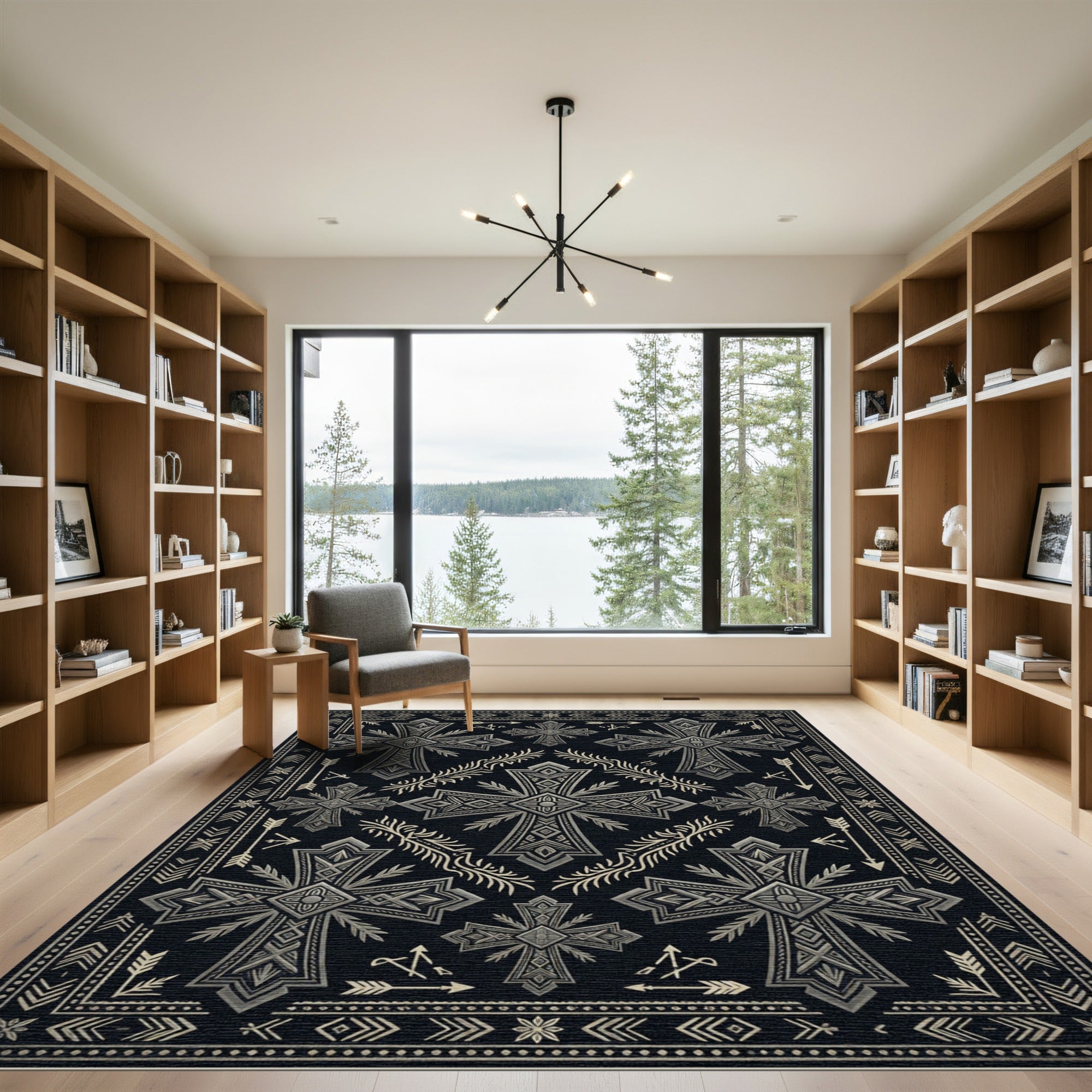 Ornate Black Silver Geometric Cross Rug
