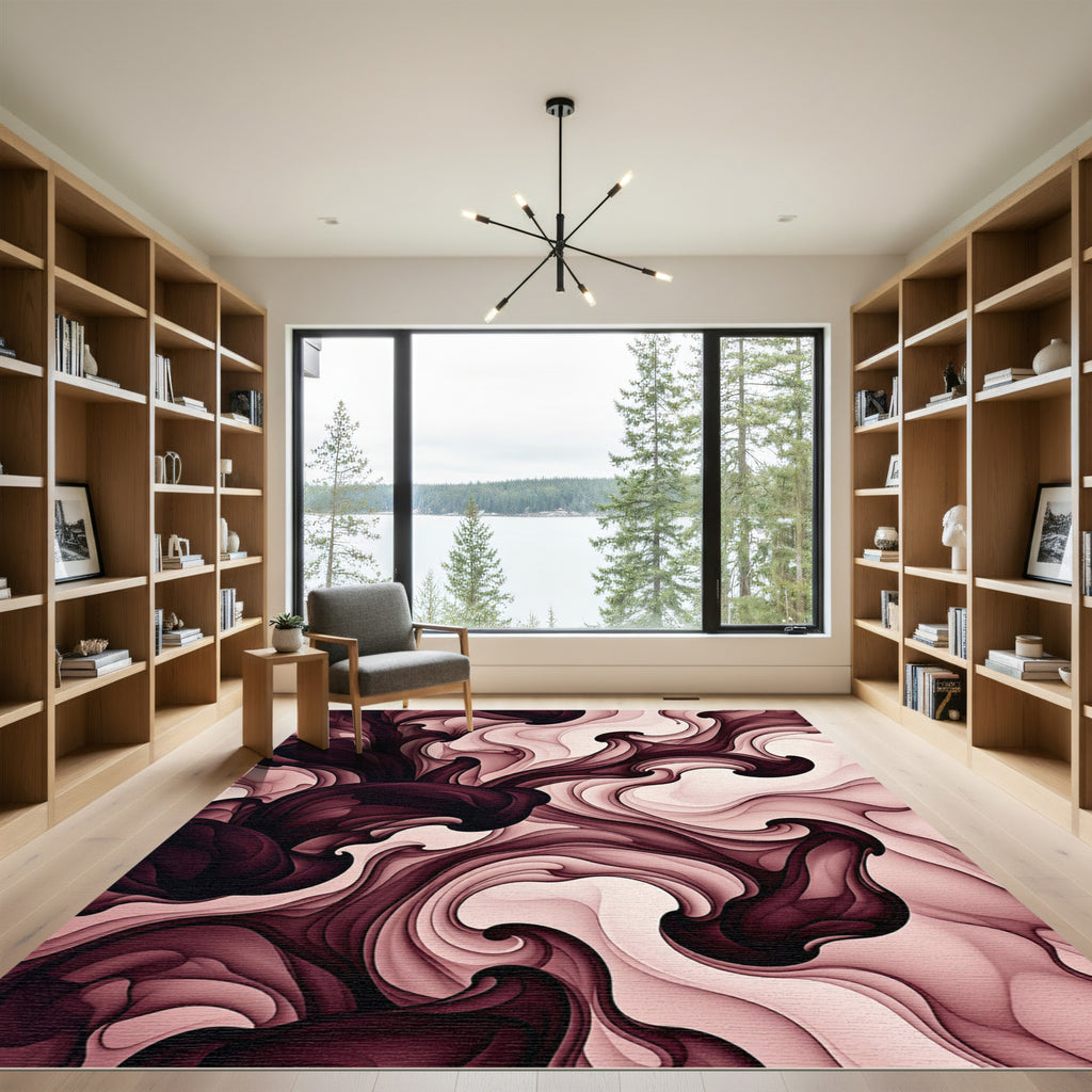 Ethereal Burgundy Abstract Liquid Swirl Rug