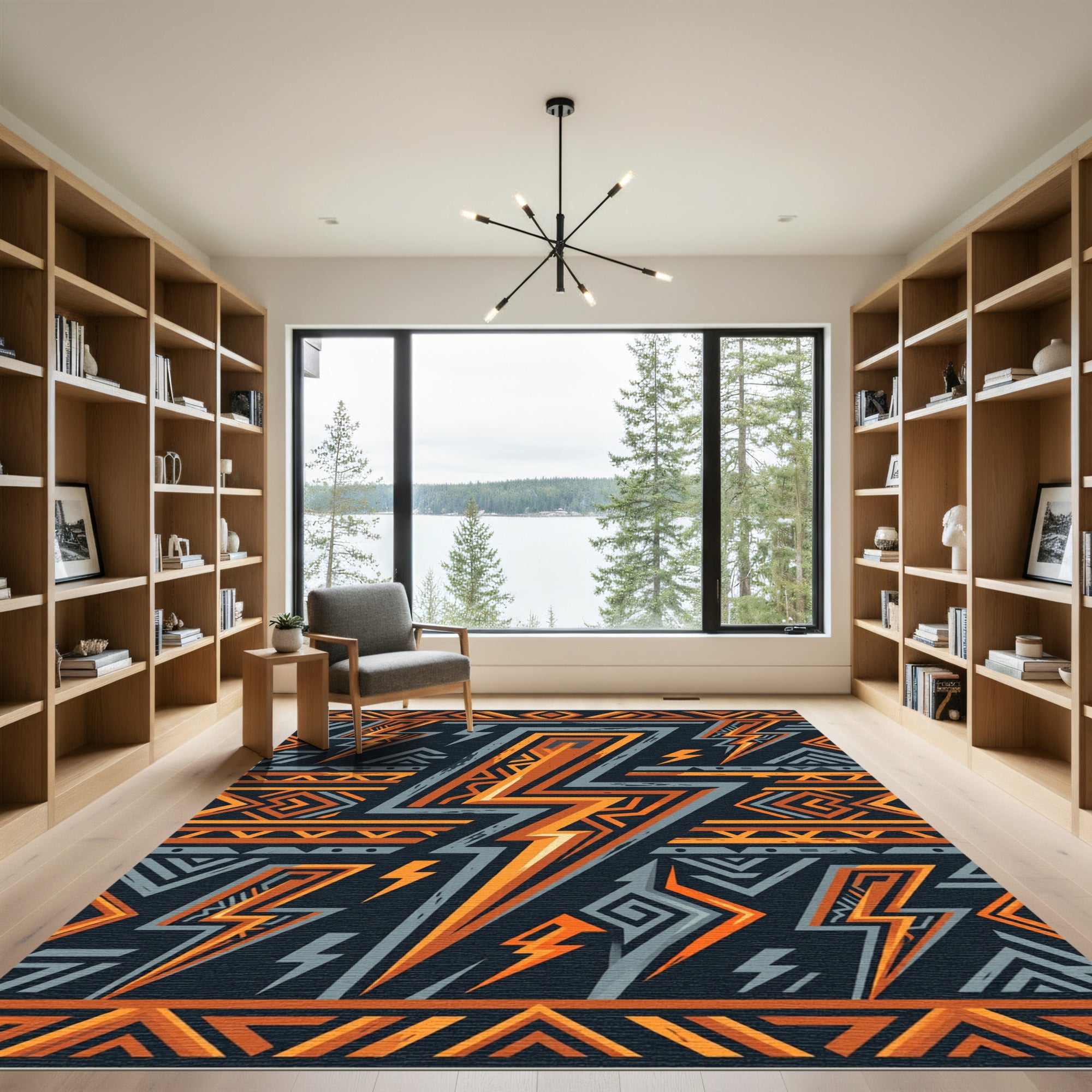 Bold Geometric Lightning Strike Orange Rug