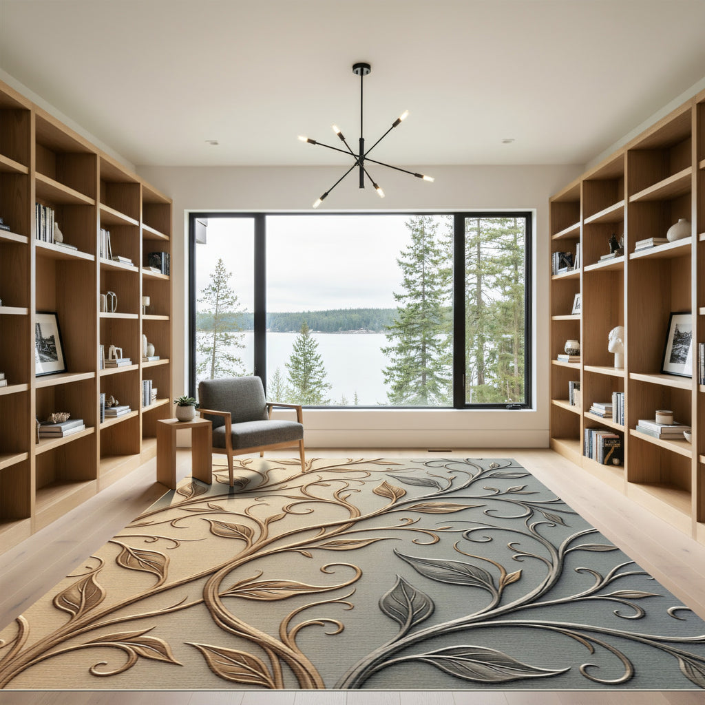 Elegant Gold Silver Leafy Scrollwork Rug