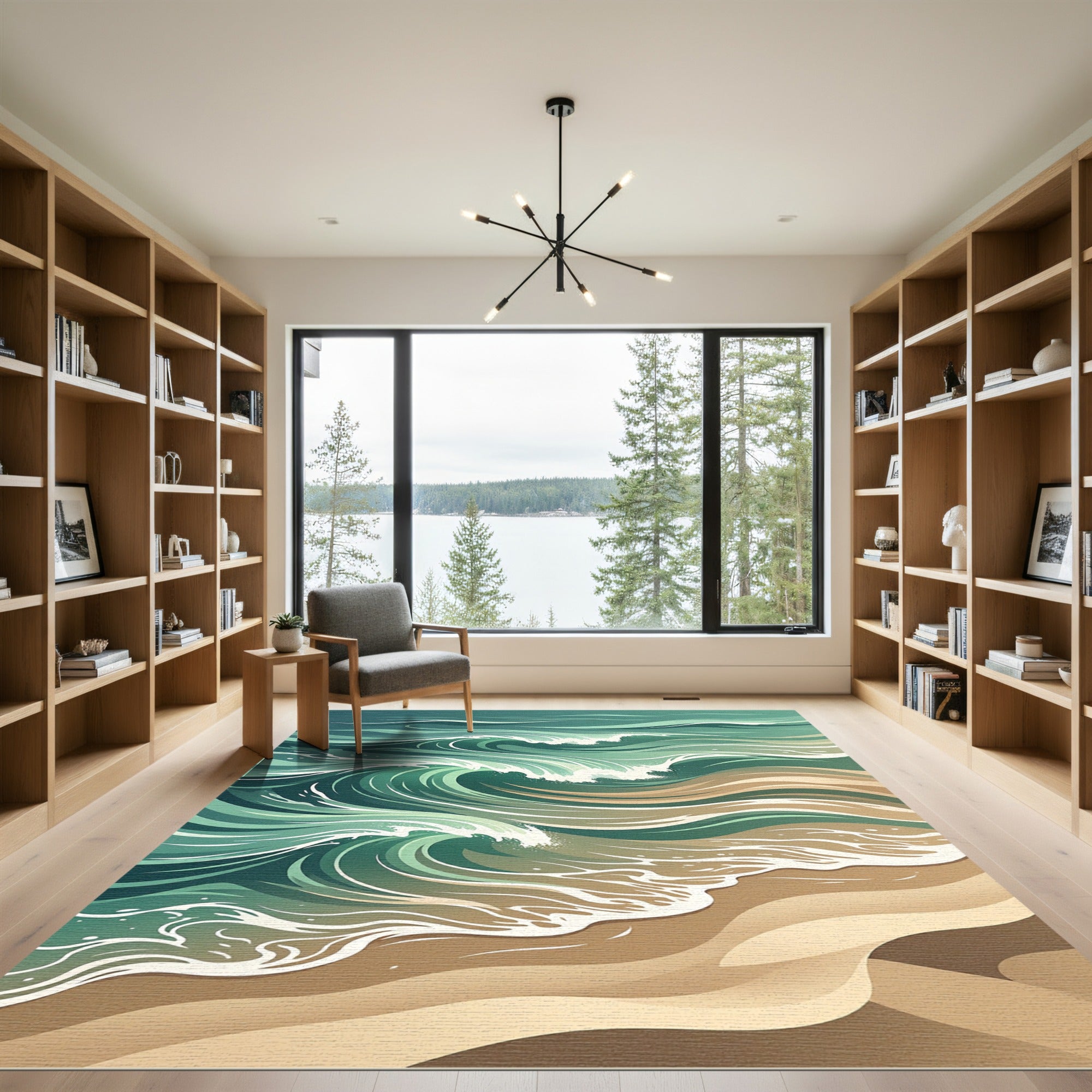 Abstract Teal Coastal Ocean Wave Rug