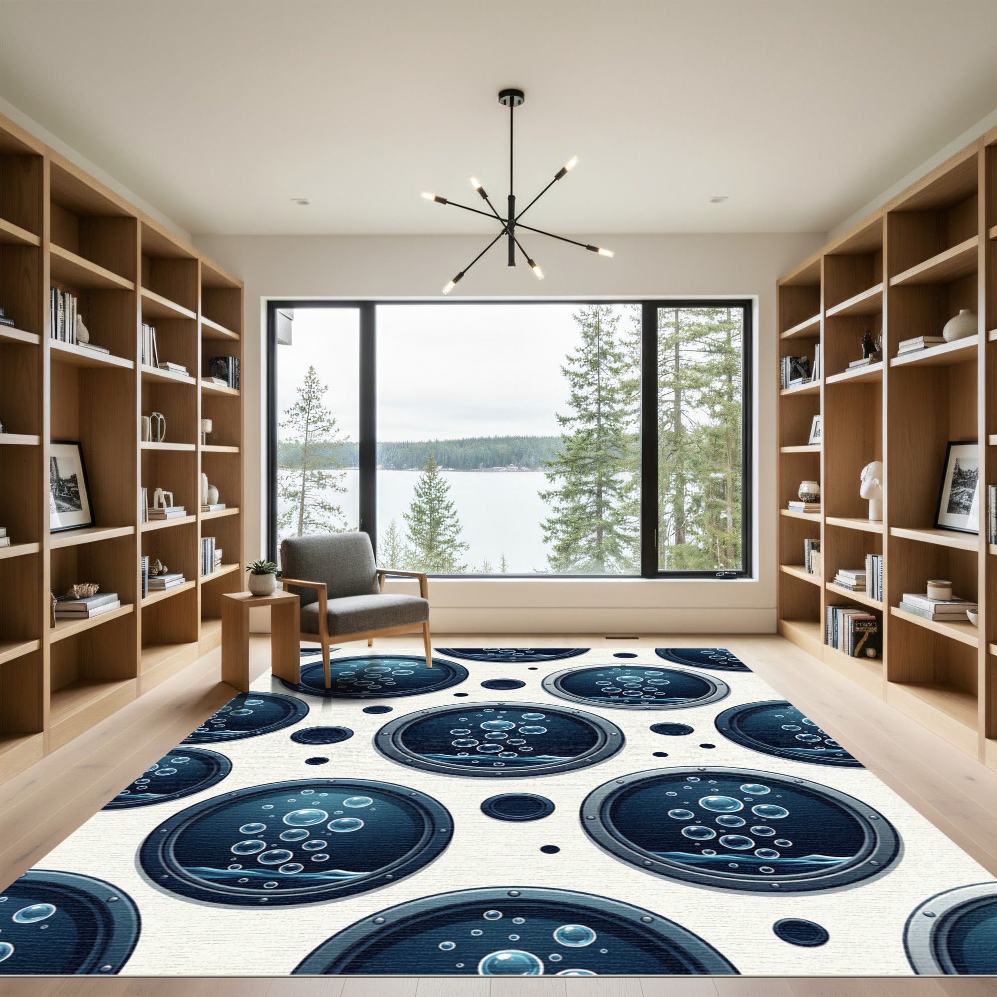 Circular Deep Blue Bubbles Porthole Art Rug