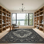 Ornate Black and White Floral Medallion Rug