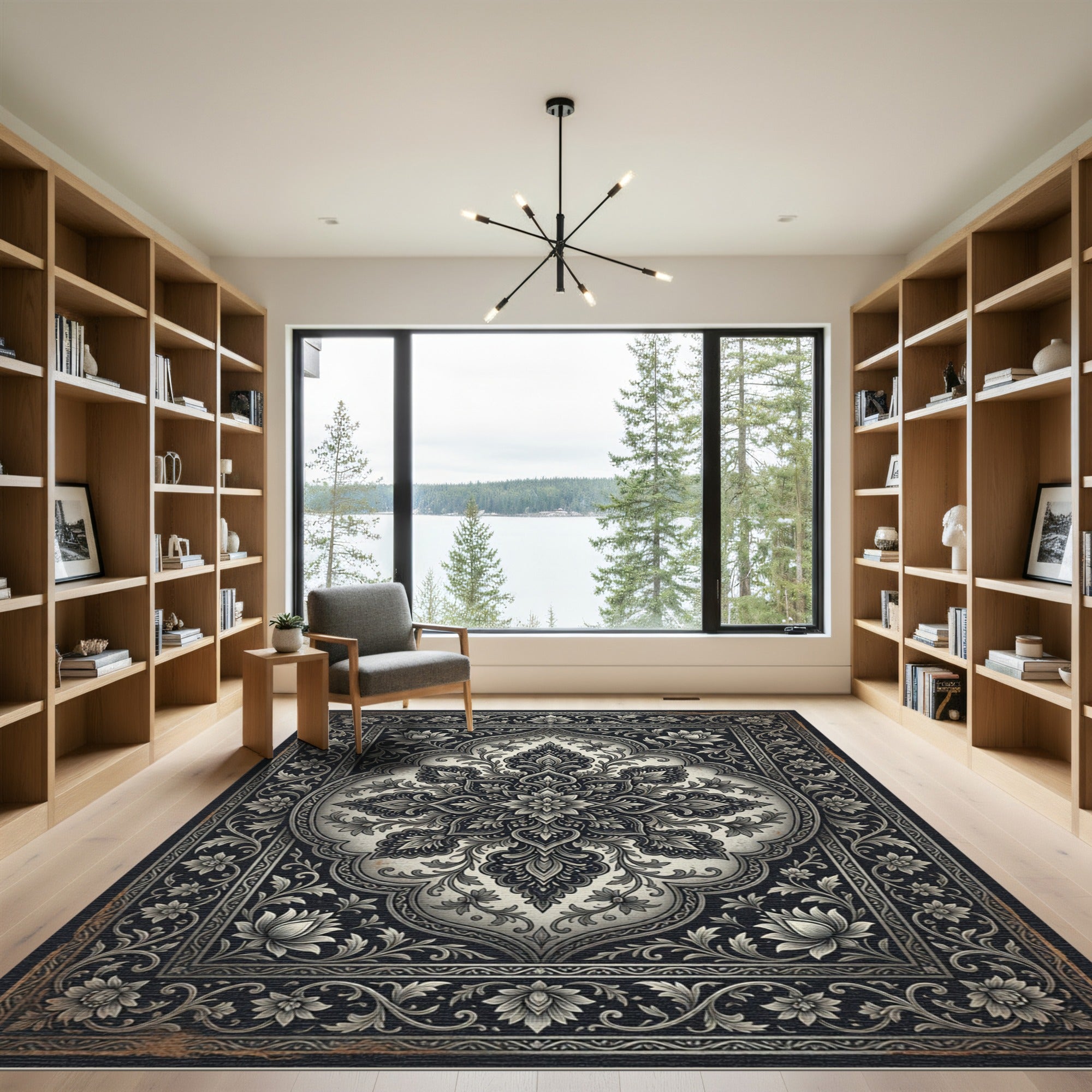 Ornate Black and White Floral Medallion Rug