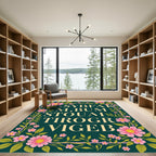 Pink Floral Swirls Dark Teal Rug