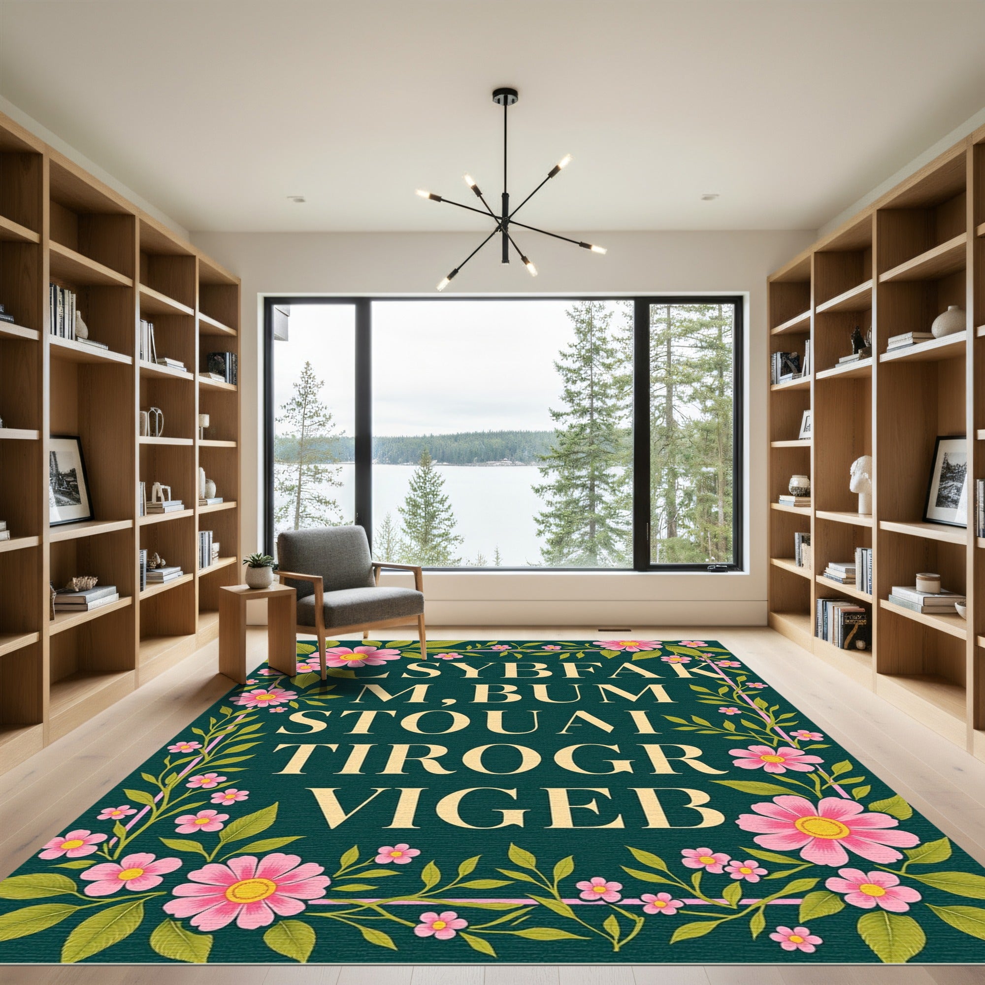 Pink Floral Swirls Dark Teal Rug