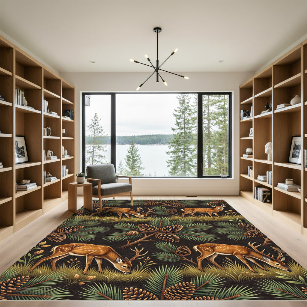 Woodland Deer Pinecone Forest Scene Rug