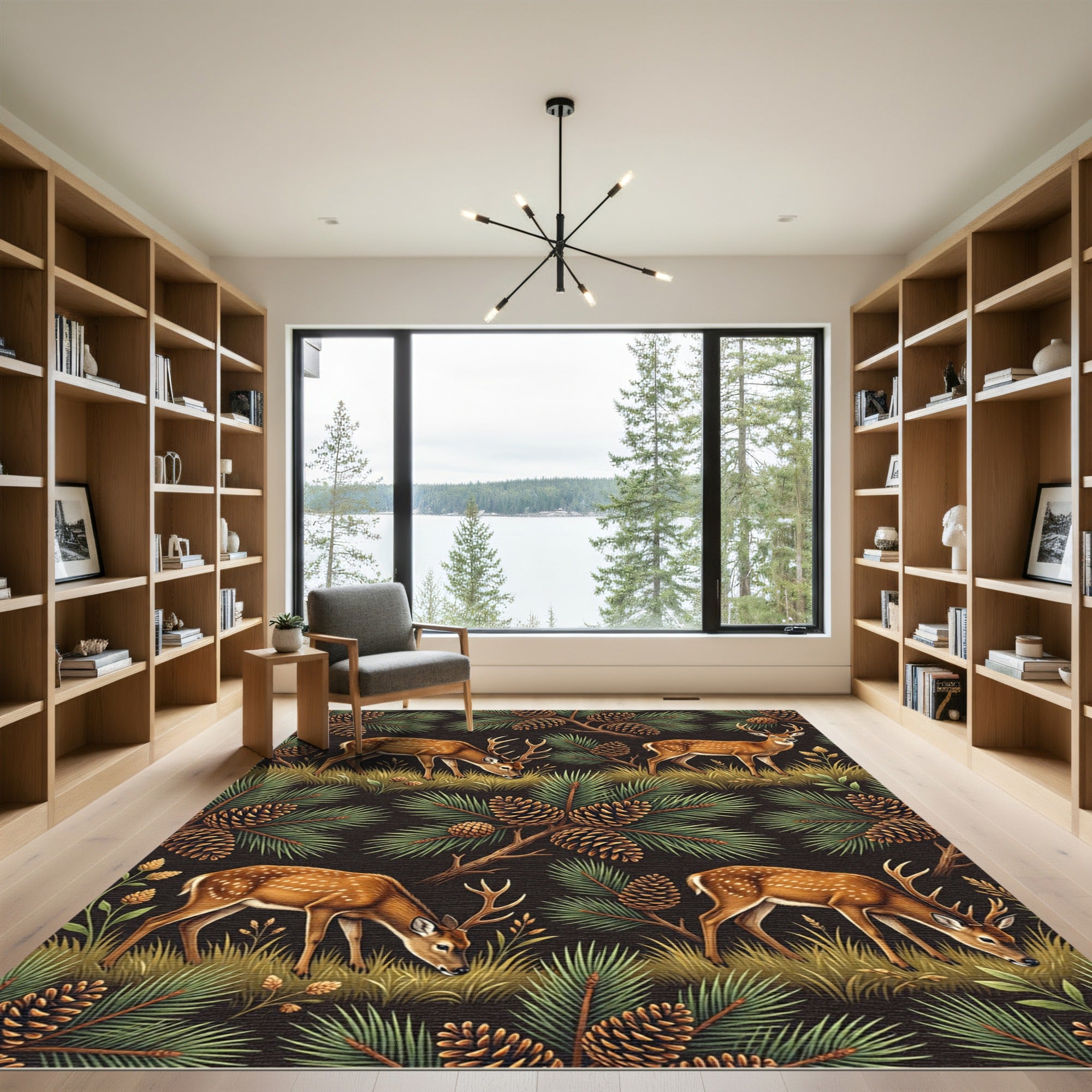 Woodland Deer Pinecone Forest Scene Rug
