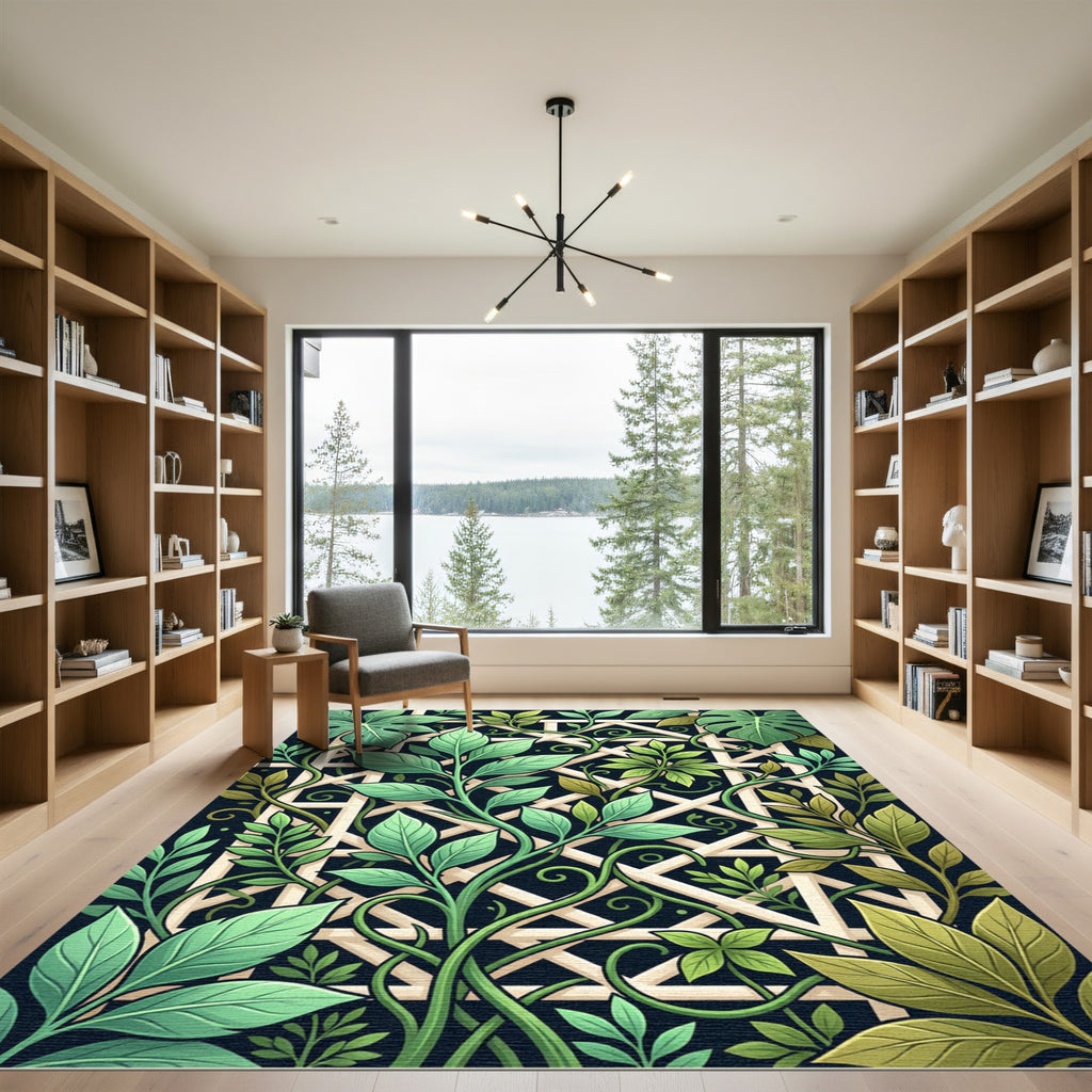 Lush Green Tropical Foliage Trellis Rug