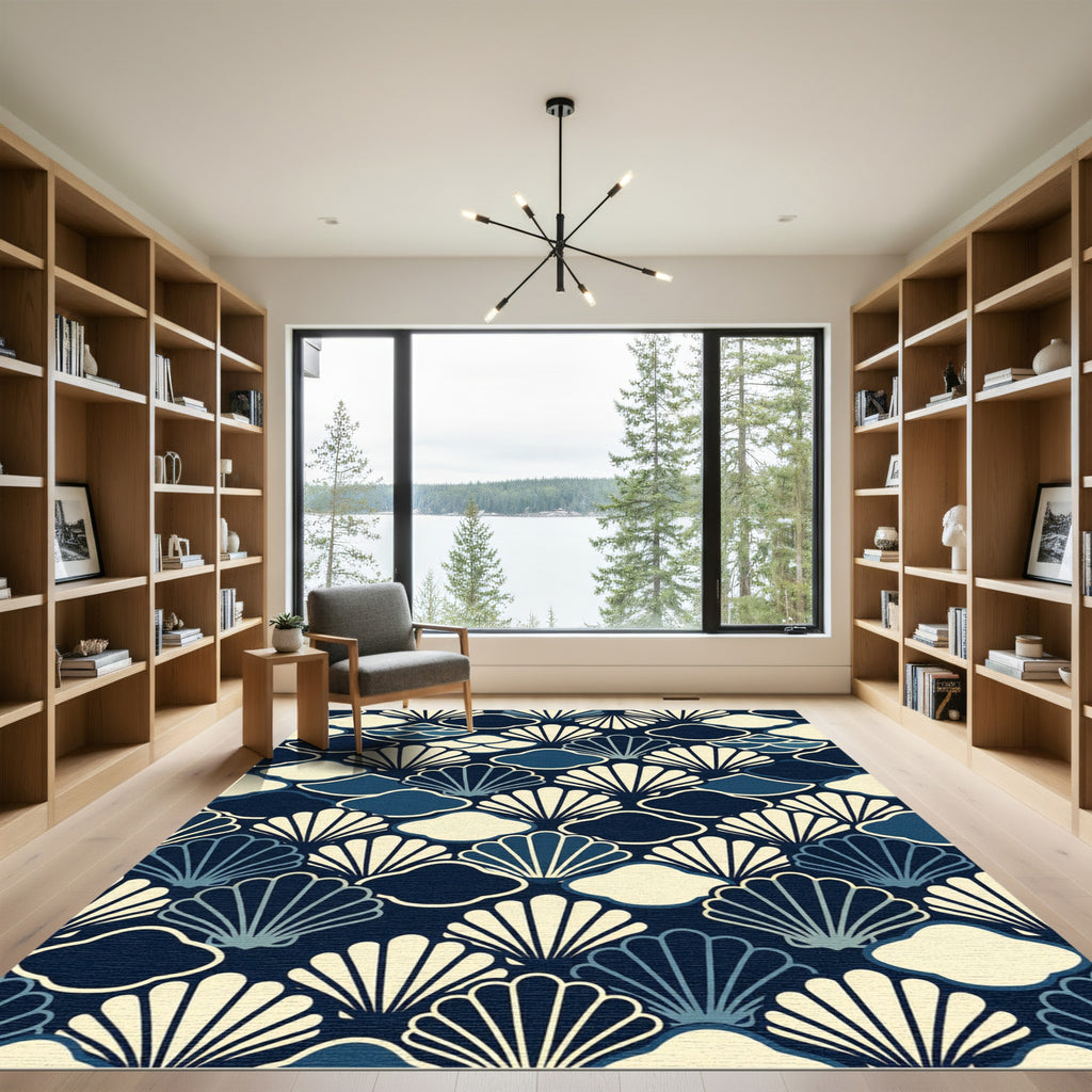 Navy Coastal Seashell Japanese Wave Art Rug