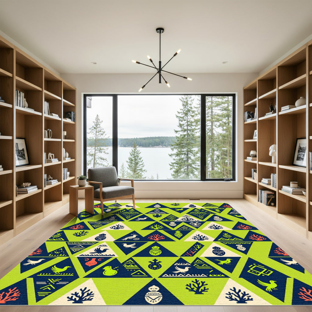 Whimsical Tribal Bird Trees Triangle Pattern Rug