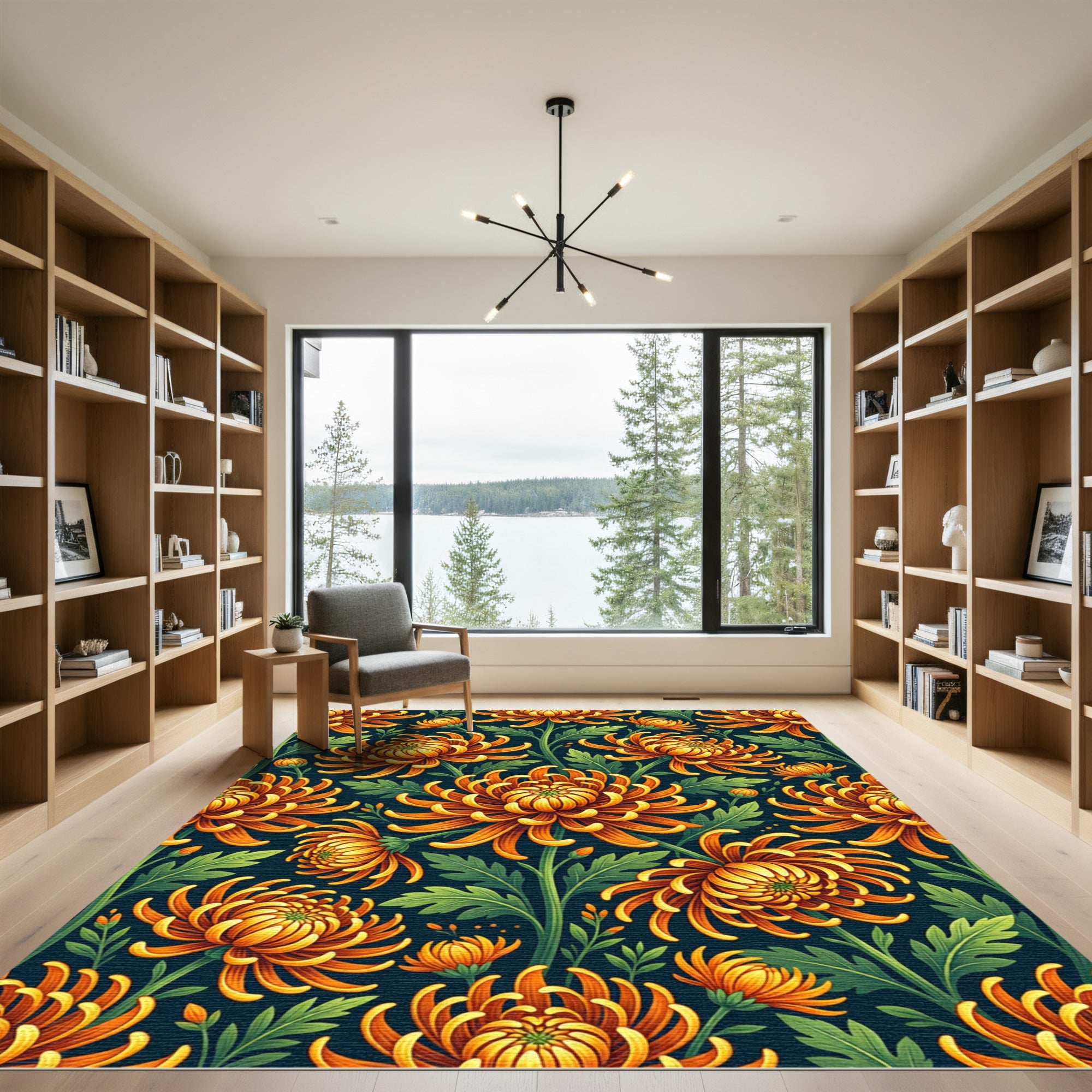 Golden Chrysanthemum Floral Botanical Illustration Rug
