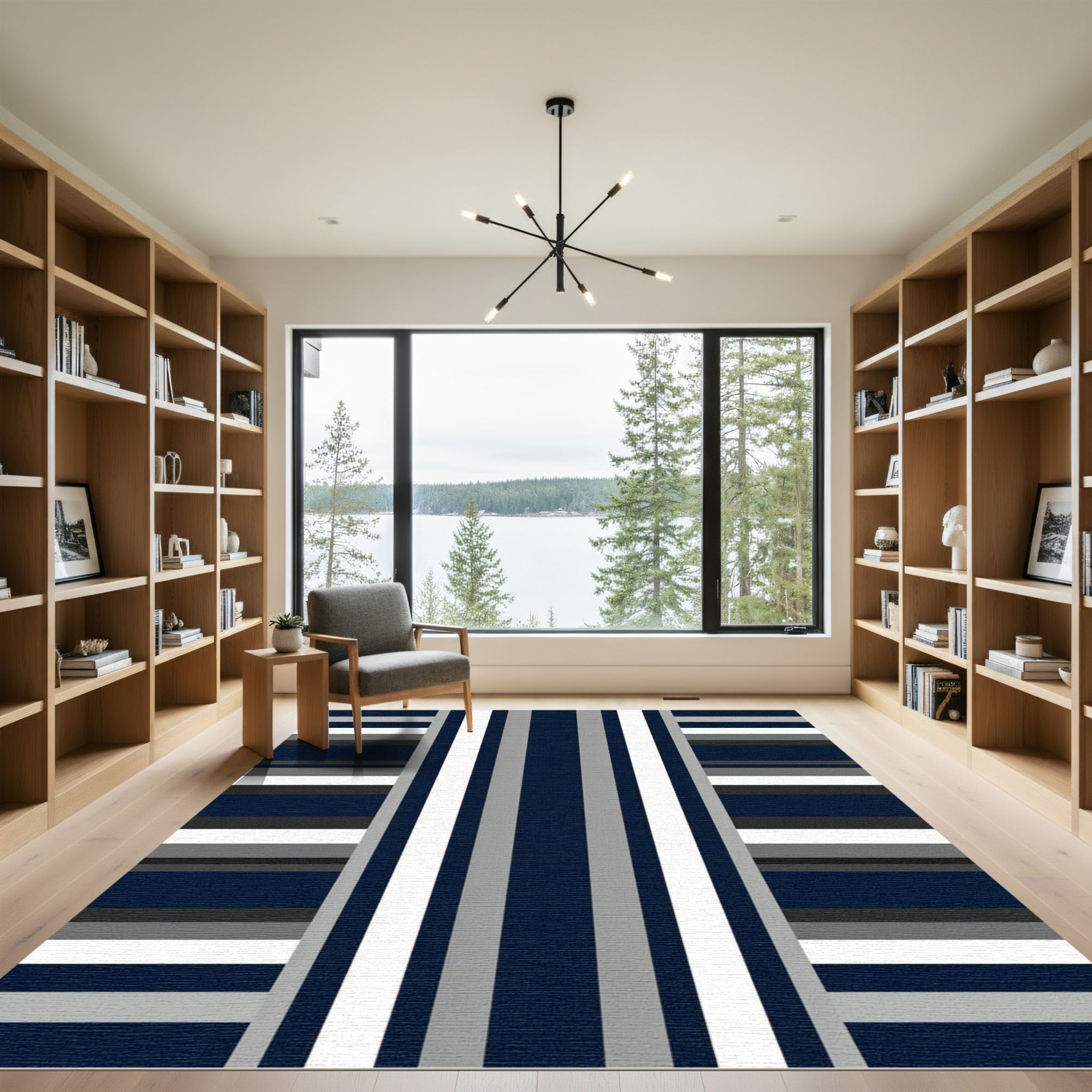 Modern Navy Gray Striped Minimalist Rug