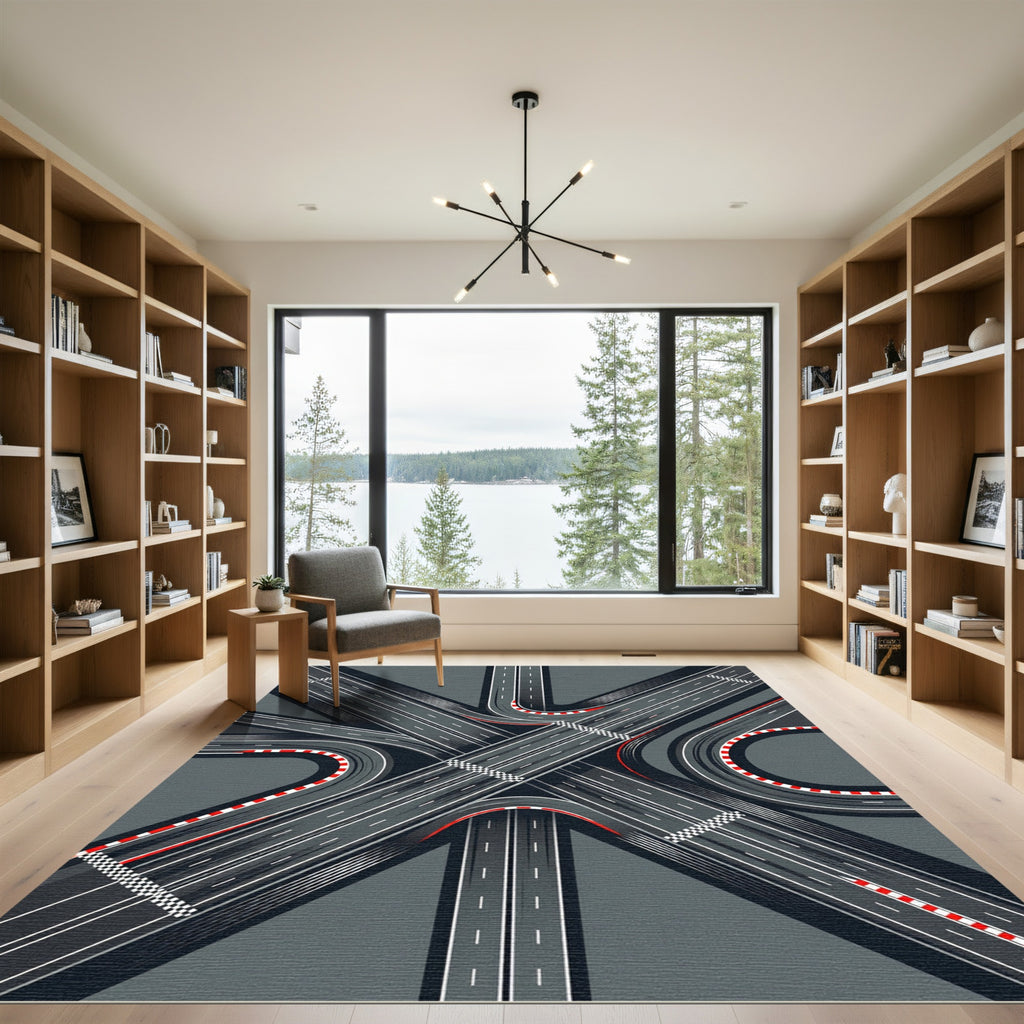 Modern Gray Racetrack Abstract Intersection Rug