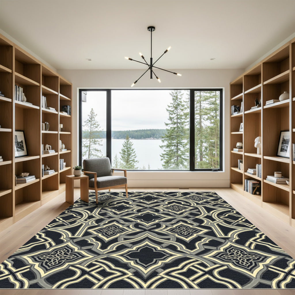 Elegant Charcoal and Cream Interlocking Geometric Lattice Rug