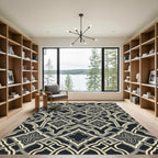 Elegant Charcoal and Cream Interlocking Geometric Lattice Rug