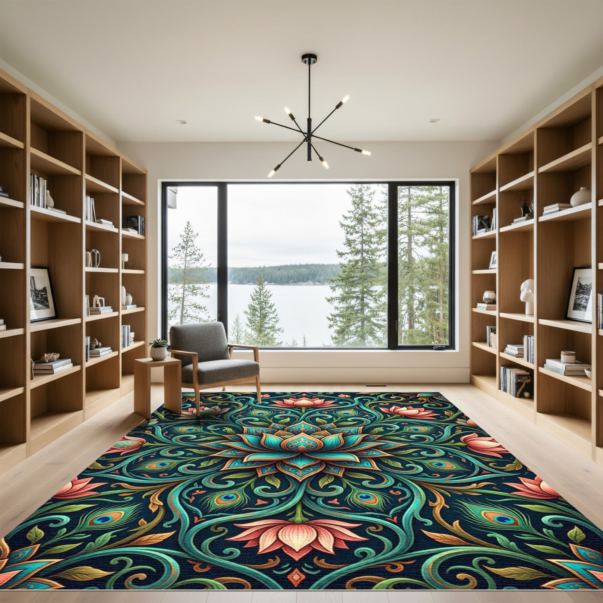 Peacock Lotus Teal Coral Floral Medallion Rug