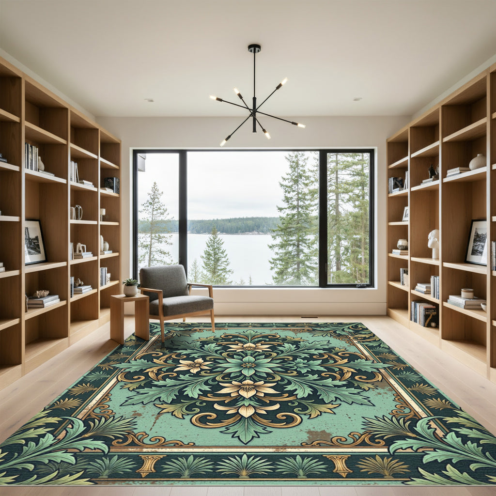 Ornate Teal Floral Scrollwork Rug