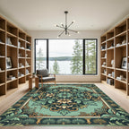 Ornate Teal Floral Scrollwork Rug