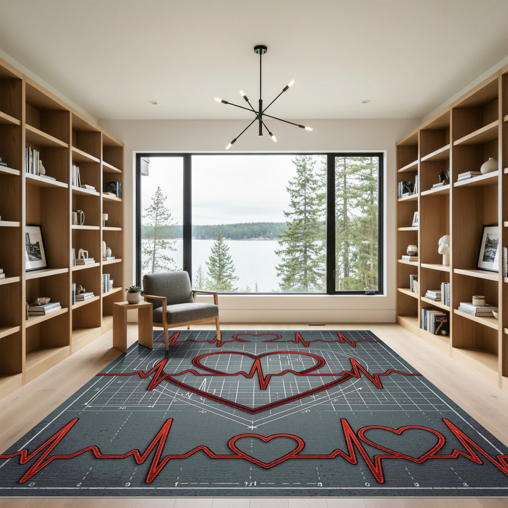 Red Electrocardiogram Heart Blueprint Rug