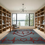 Red Electrocardiogram Heart Blueprint Rug